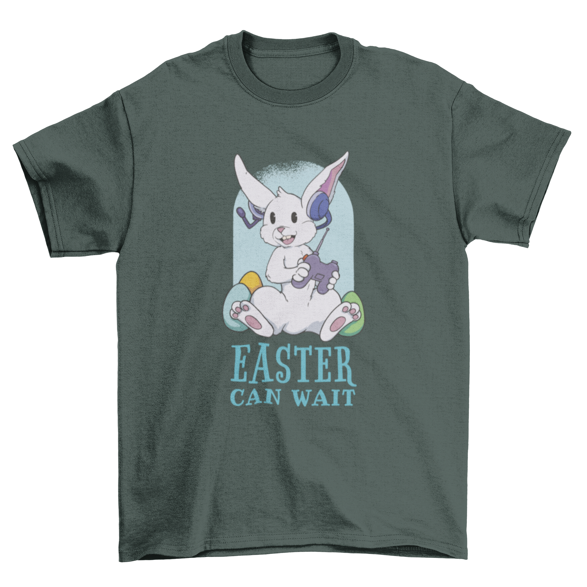 A playful t-shirt design featuring a rabbit with a joystick and colorful Easter eggs, accompanied by the quote 'Easter can wait'.