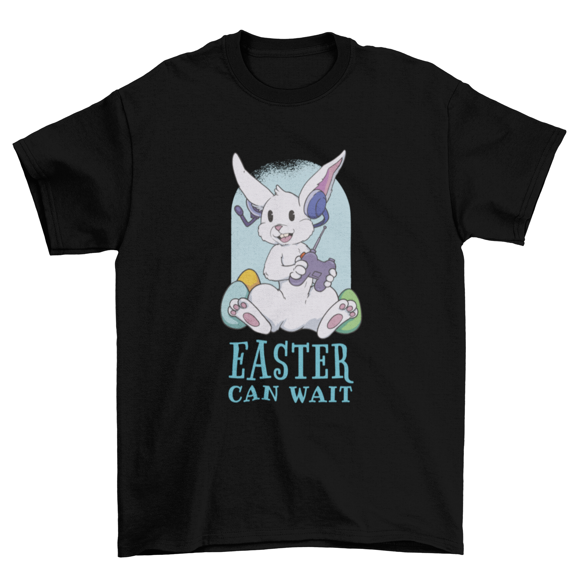 A playful t-shirt design featuring a rabbit with a joystick and colorful Easter eggs, accompanied by the quote 'Easter can wait'.