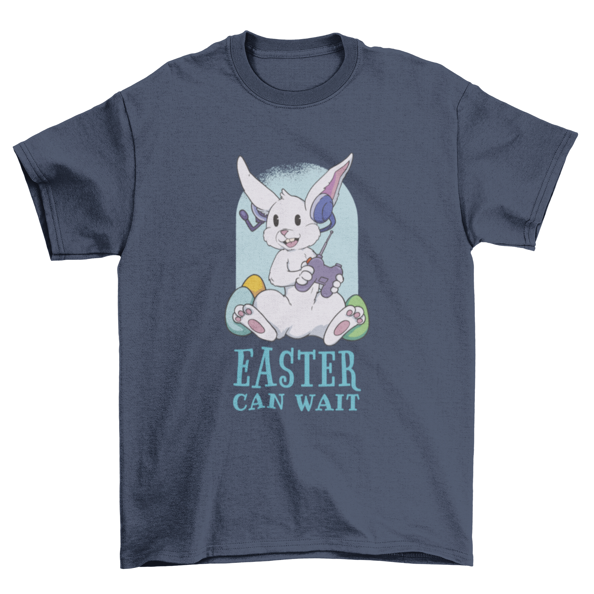 A playful t-shirt design featuring a rabbit with a joystick and colorful Easter eggs, accompanied by the quote 'Easter can wait'.