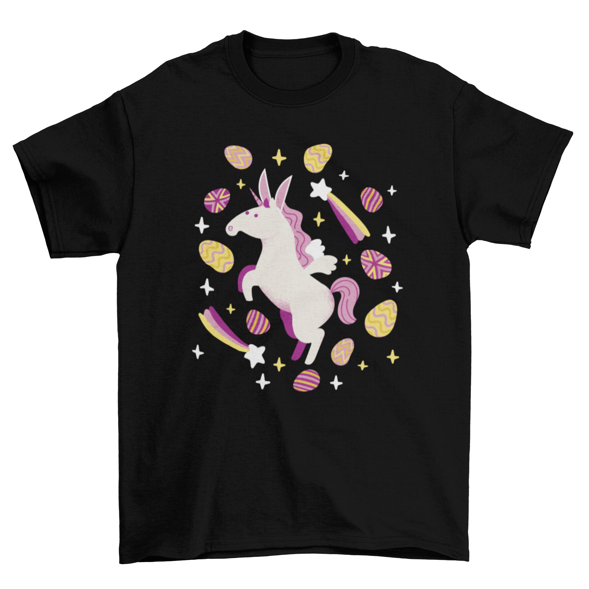 A colorful Easter t-shirt featuring a fairy unicorn flying around vibrant Easter eggs, perfect for festive celebrations.