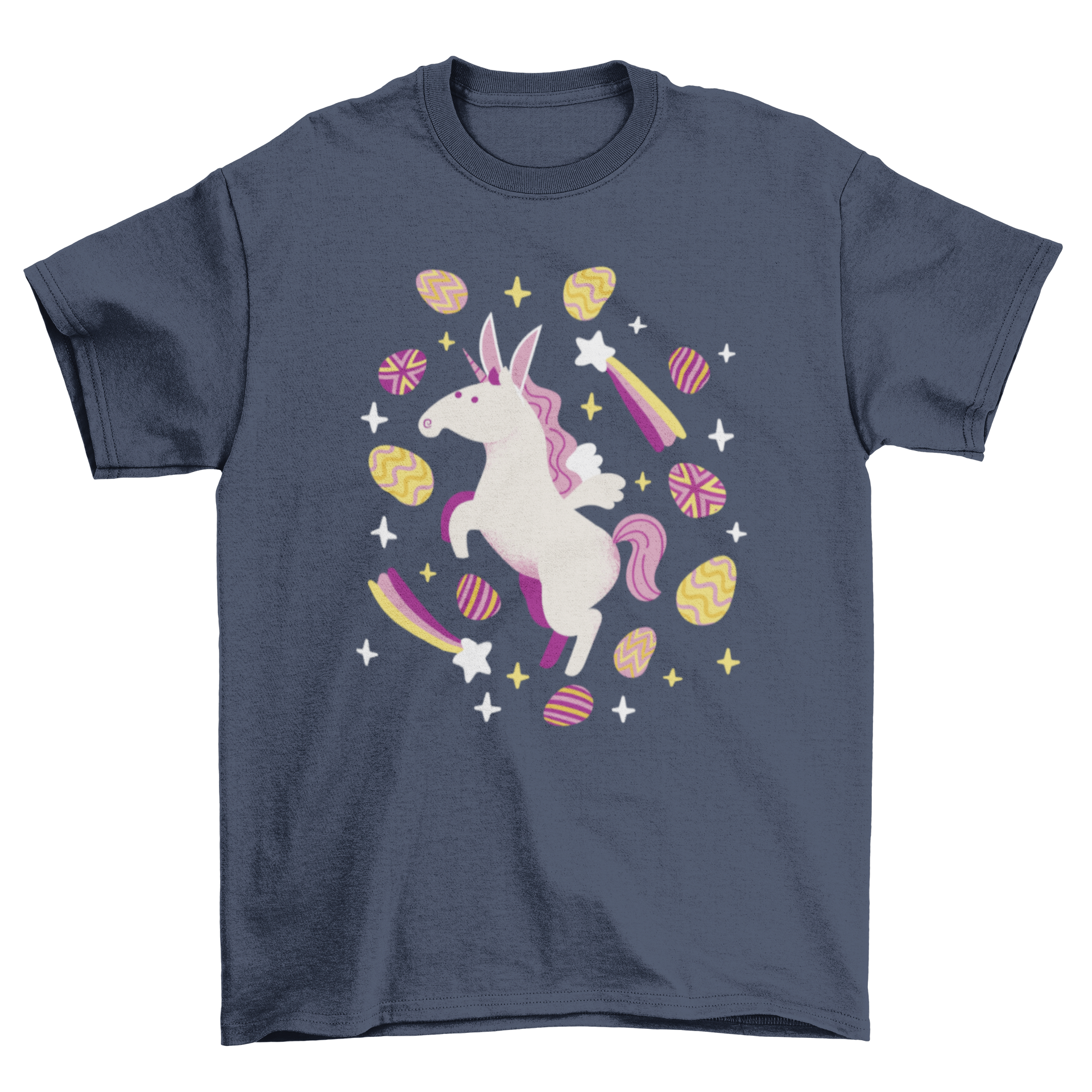 A colorful Easter t-shirt featuring a fairy unicorn flying around vibrant Easter eggs, perfect for festive celebrations.