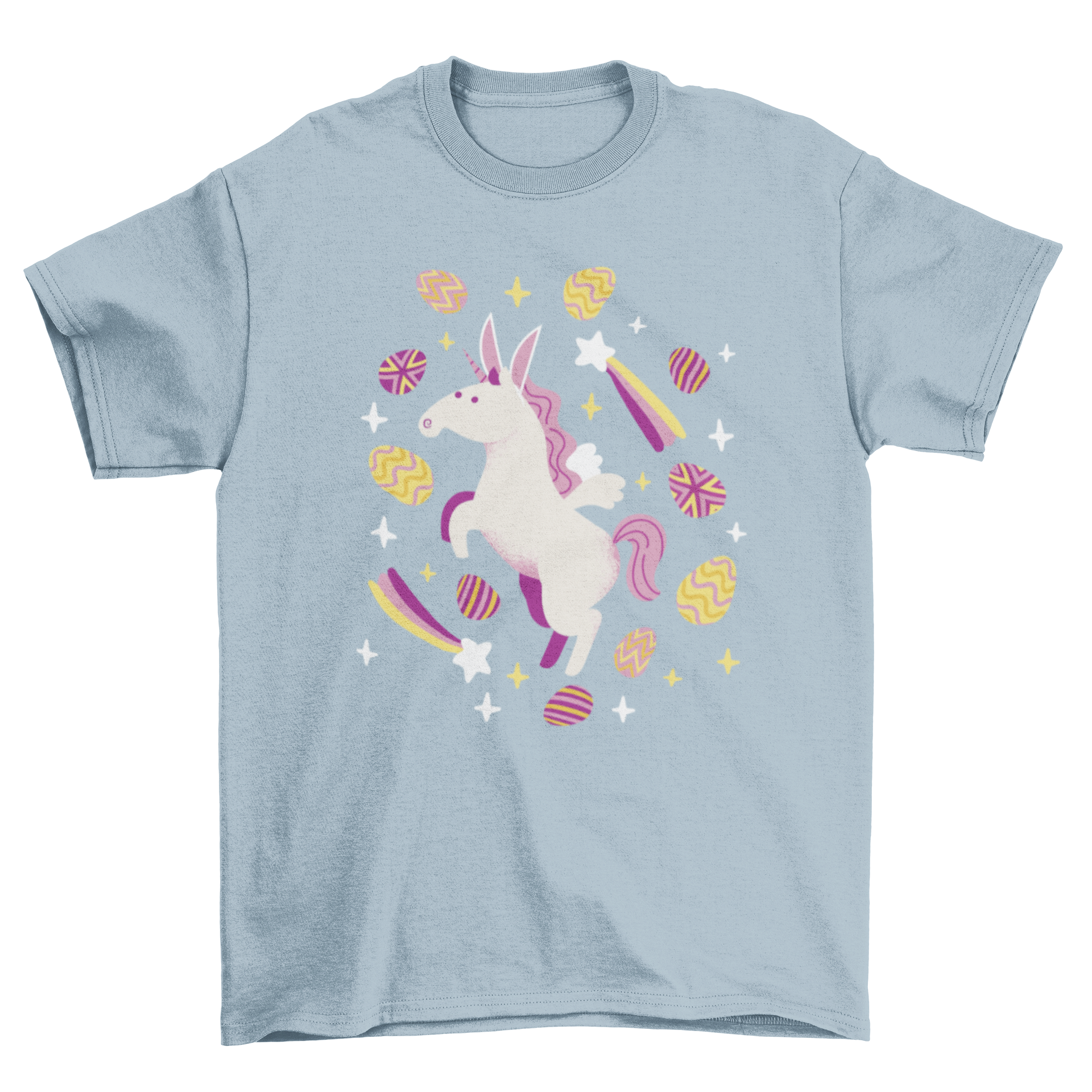 A colorful Easter t-shirt featuring a fairy unicorn flying around vibrant Easter eggs, perfect for festive celebrations.