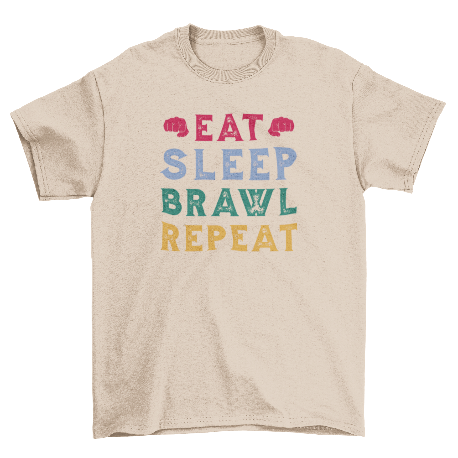 A stylish black t-shirt featuring the quote 'Eat Sleep Brawl Repeat' in bold white letters, perfect for brawl enthusiasts.