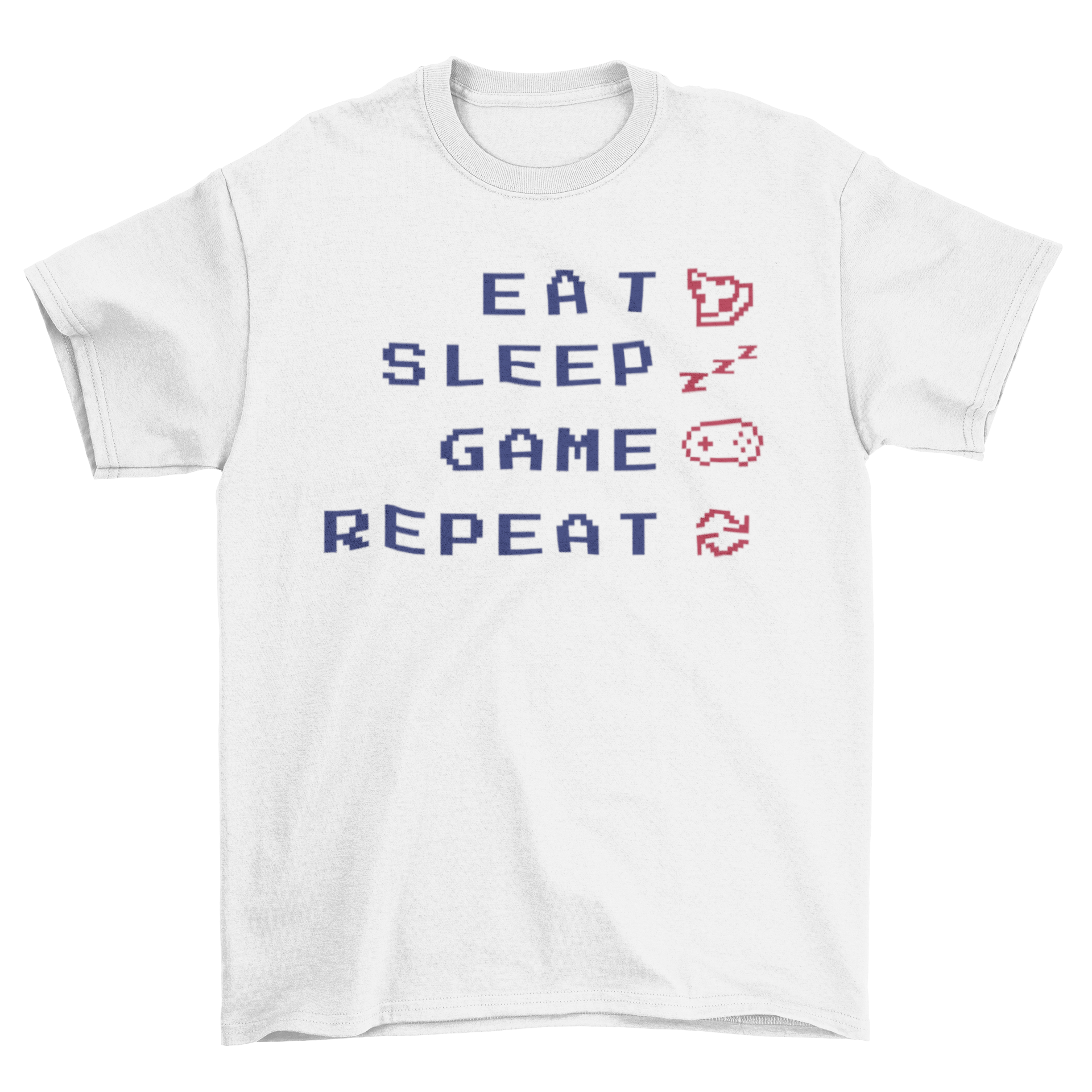 Eat Sleep Game Repeat t-shirt design featuring bold typography on a comfortable fabric.