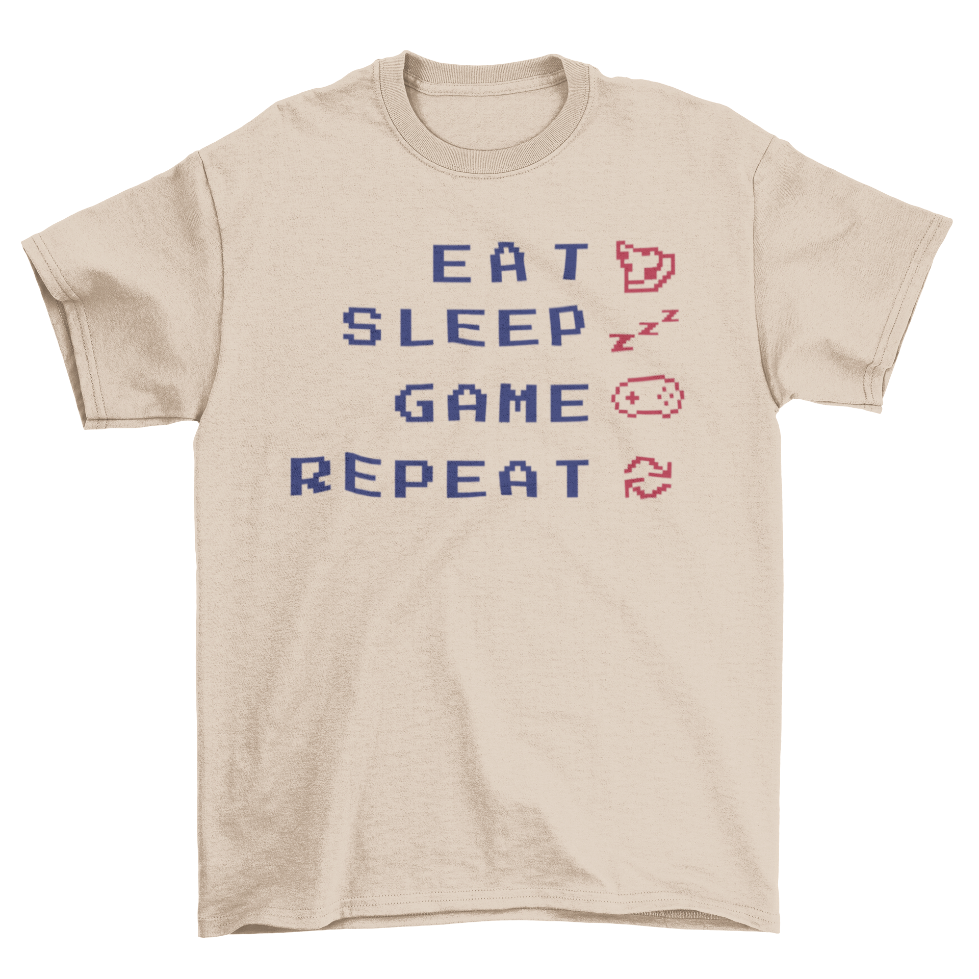 Eat Sleep Game Repeat t-shirt design featuring bold typography on a comfortable fabric.