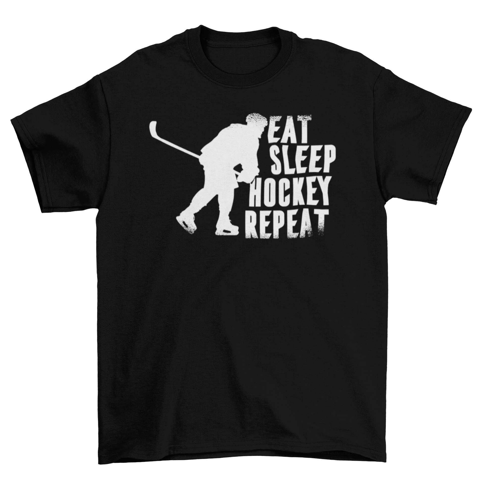 Eat Sleep Hockey T-shirt featuring bold lettering and a stylish design, perfect for hockey fans.