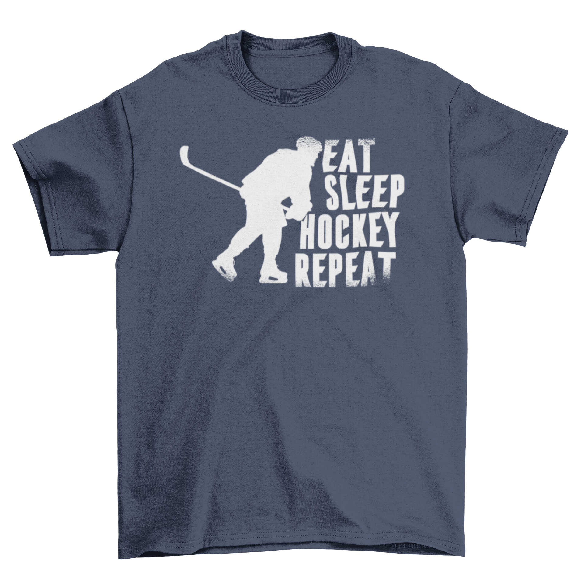 Eat Sleep Hockey T-shirt featuring bold lettering and a stylish design, perfect for hockey fans.