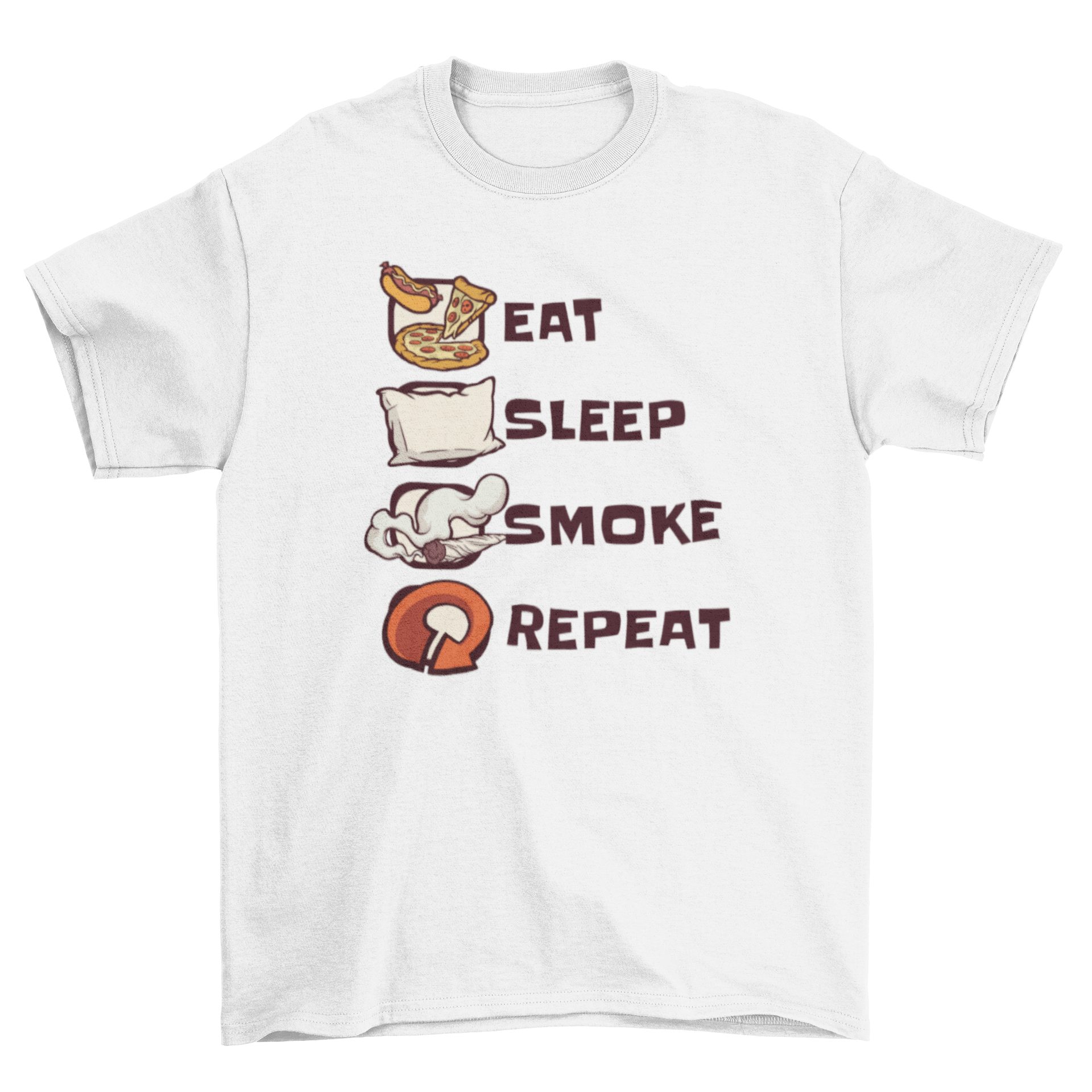 A humorous t-shirt featuring the quote 'Eat Sleep Smoke Repeat' in bold letters, perfect for casual wear.