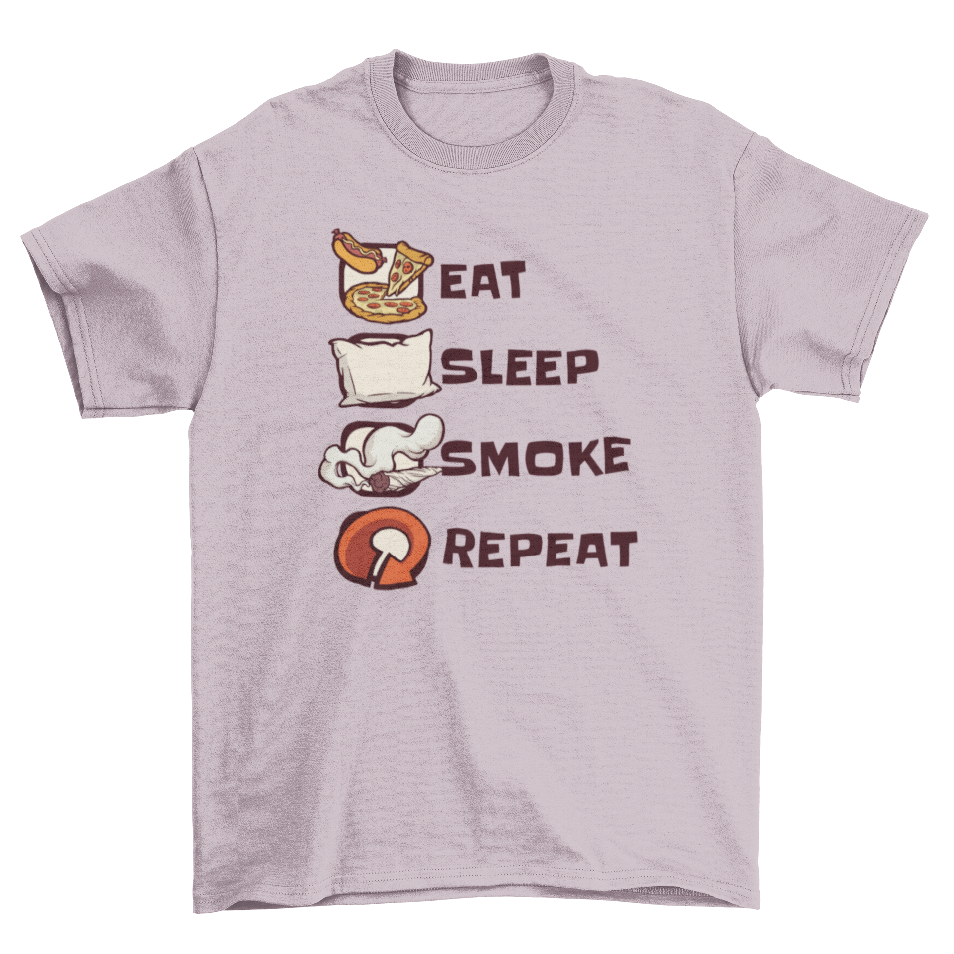 A humorous t-shirt featuring the quote 'Eat Sleep Smoke Repeat' in bold letters, perfect for casual wear.