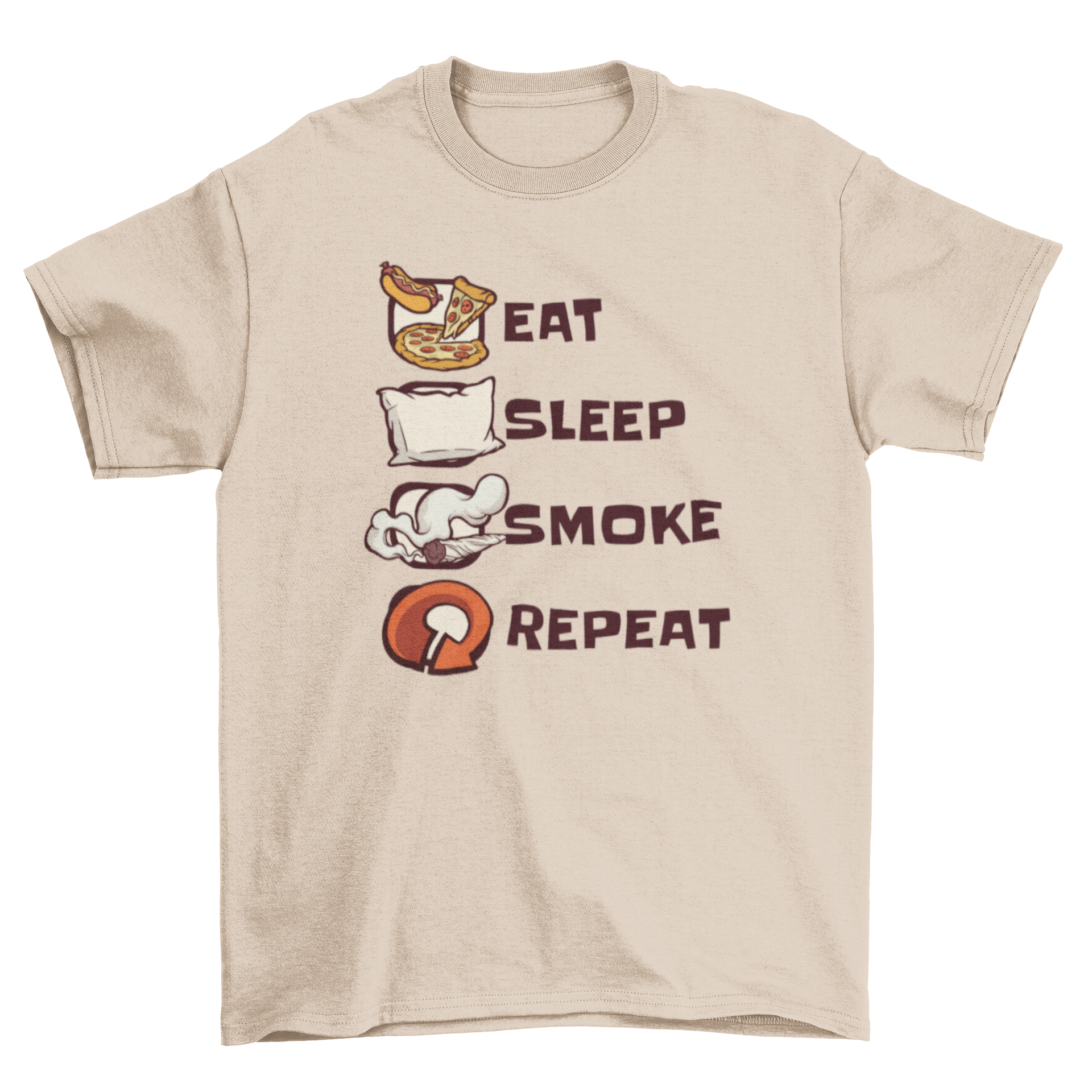 A humorous t-shirt featuring the quote 'Eat Sleep Smoke Repeat' in bold letters, perfect for casual wear.