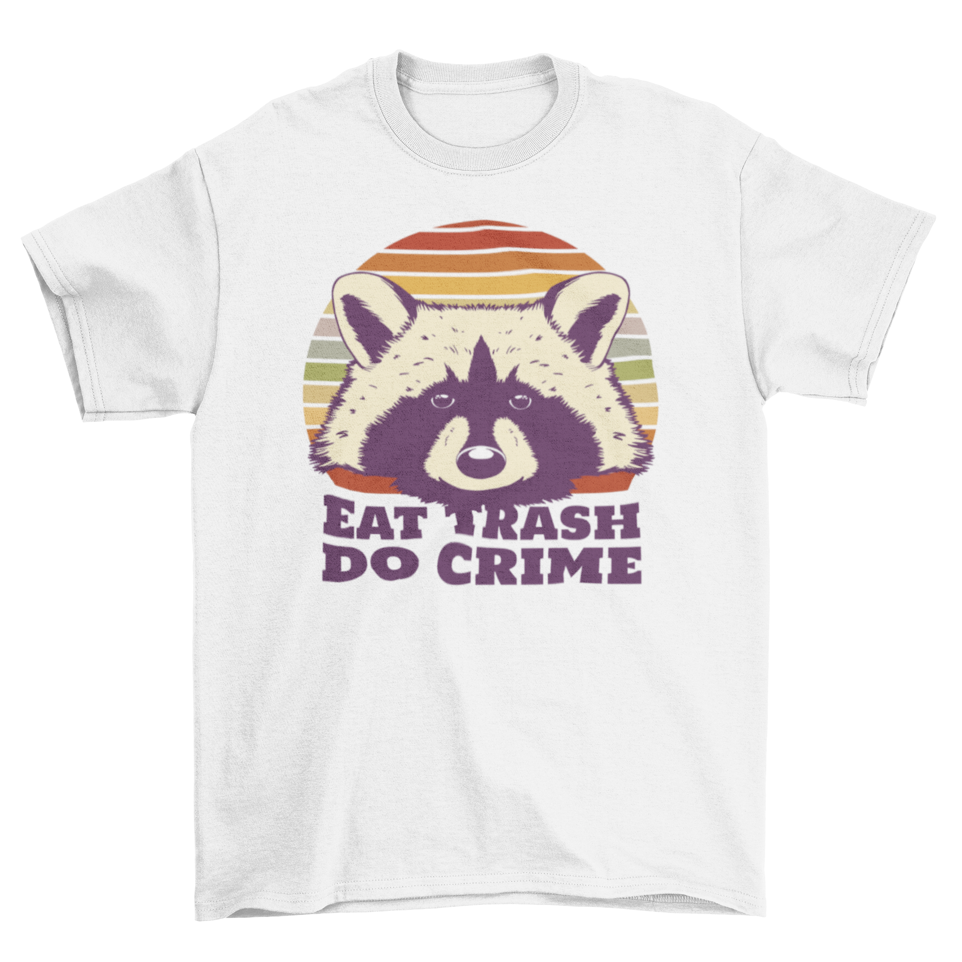 A humorous t-shirt featuring a raccoon and the quote 'Eat Trash Do Crime', showcasing a playful design.