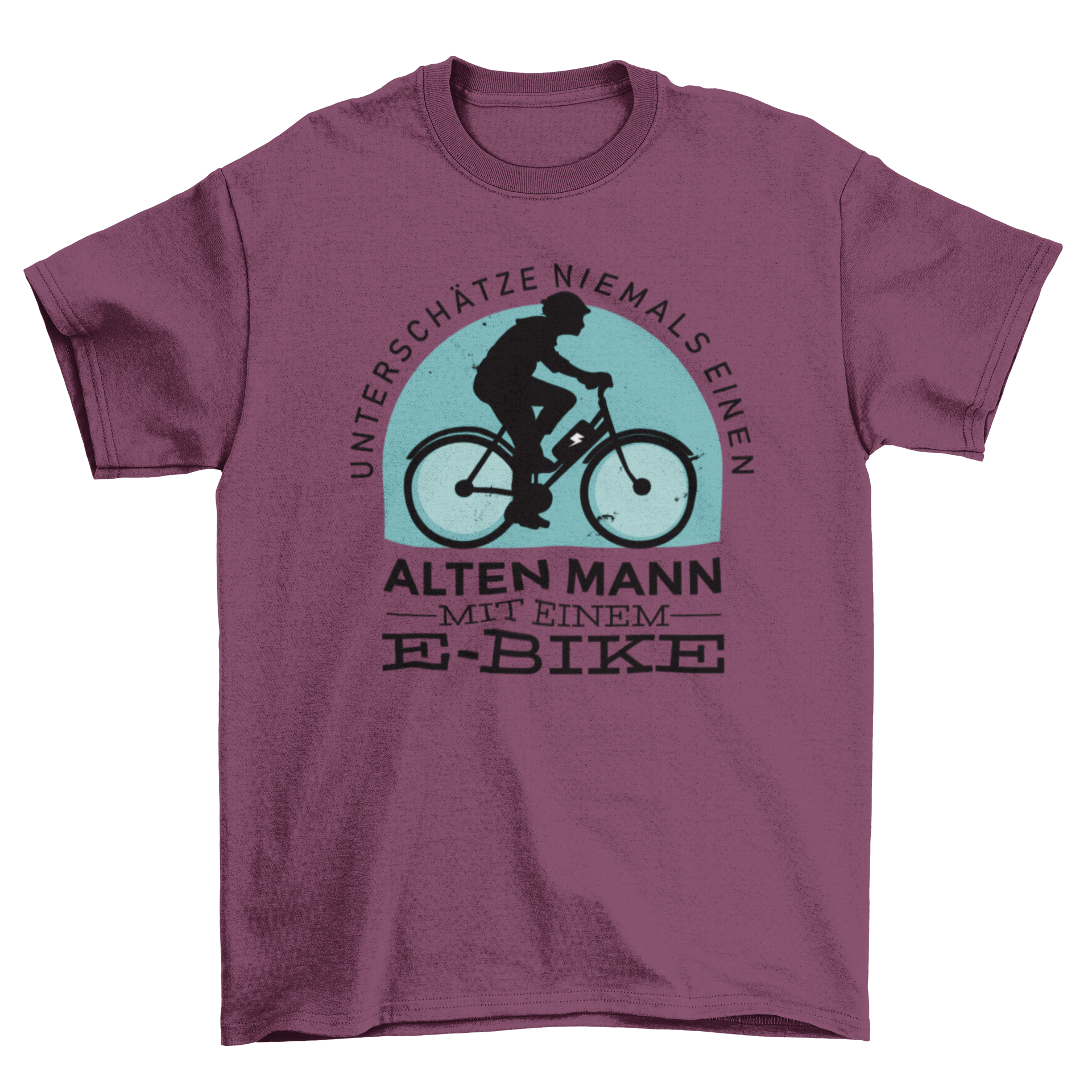 E-bike German Quote T-shirt featuring a cyclist silhouette and German text, perfect for cycling enthusiasts.