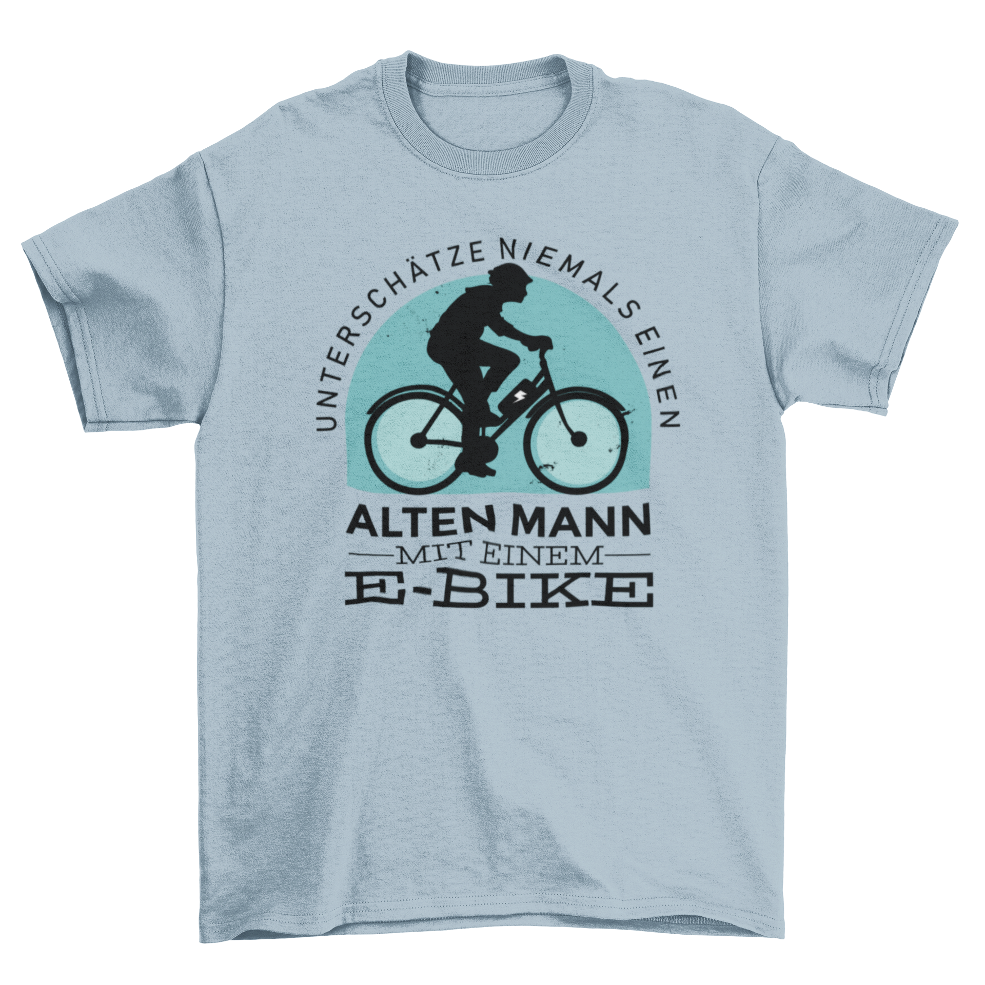 E-bike German Quote T-shirt featuring a cyclist silhouette and German text, perfect for cycling enthusiasts.