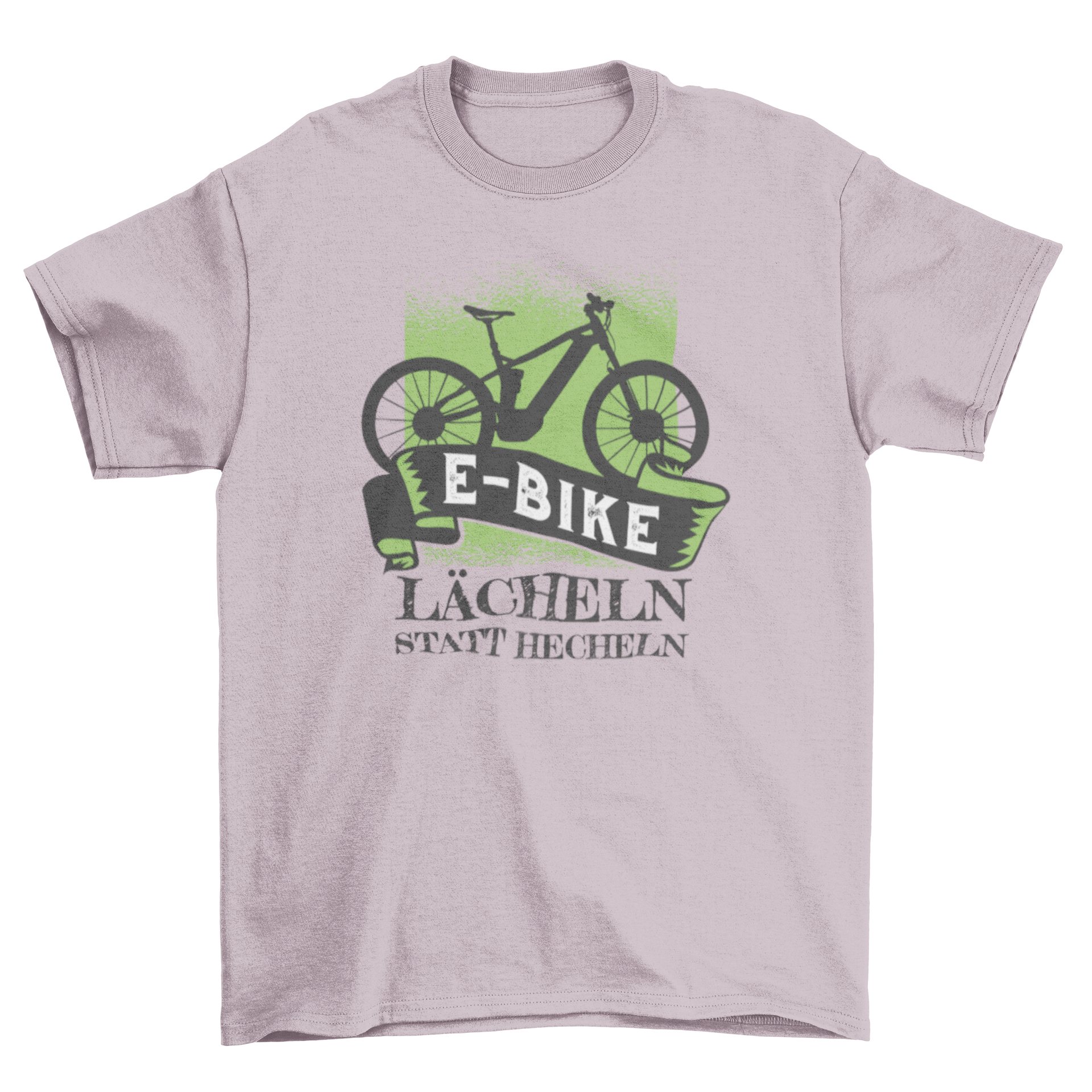 E-Bike German Text T-shirt featuring an e-bike graphic and the quote 'E-BIKE - LÄCHELN STATT HECHELN'.