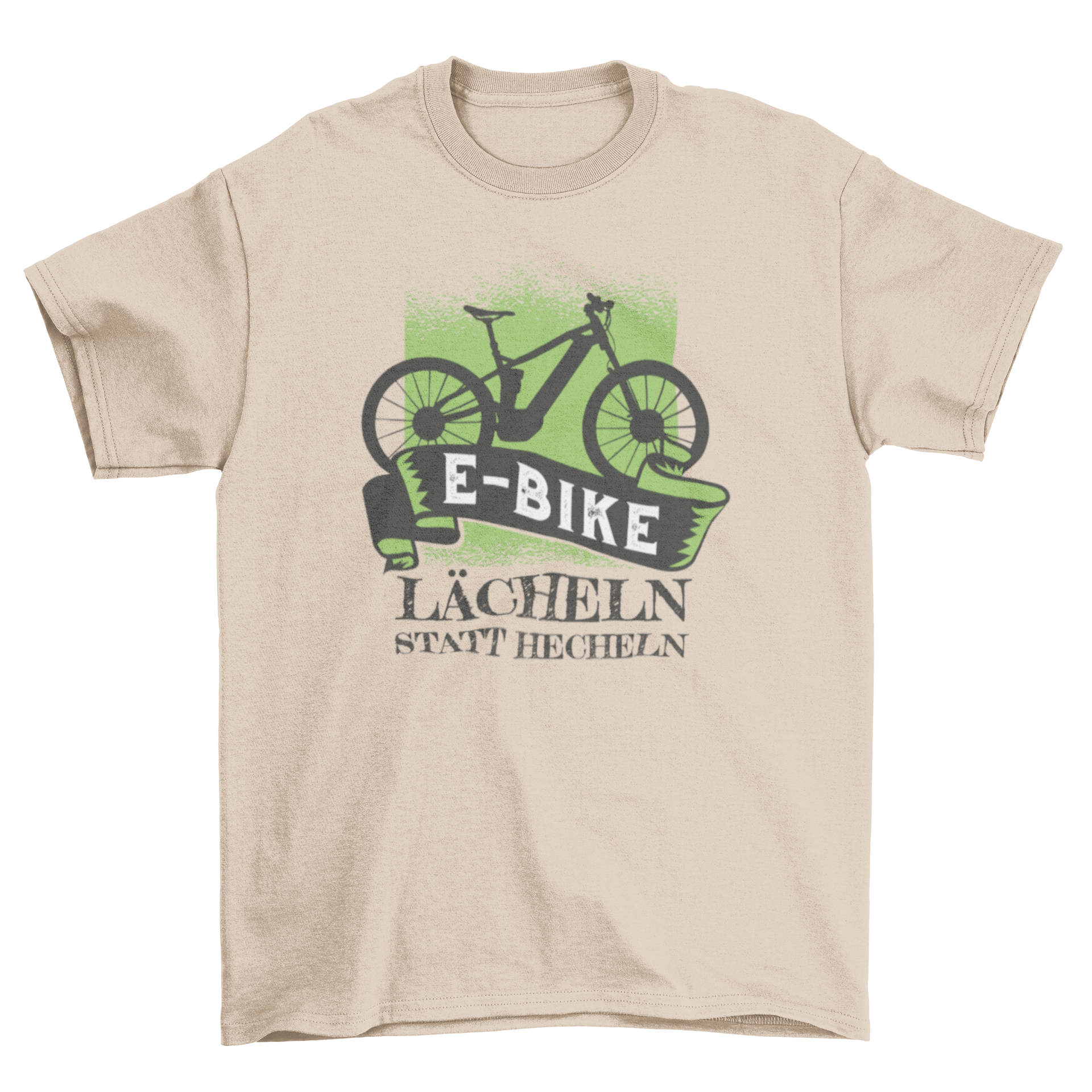 E-Bike German Text T-shirt featuring an e-bike graphic and the quote 'E-BIKE - LÄCHELN STATT HECHELN'.