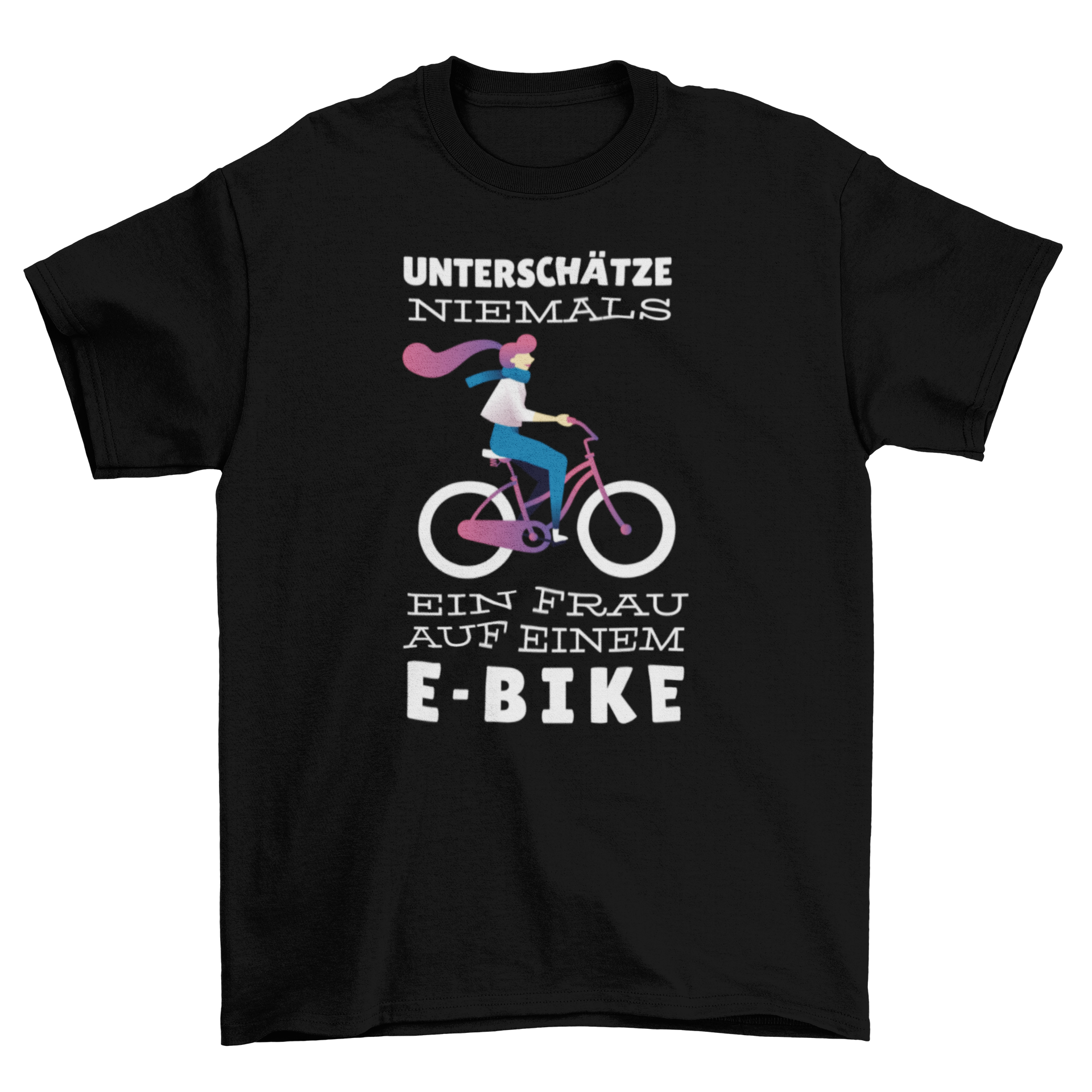 A stylish T-shirt featuring a woman riding an e-bike with a German quote about empowerment.