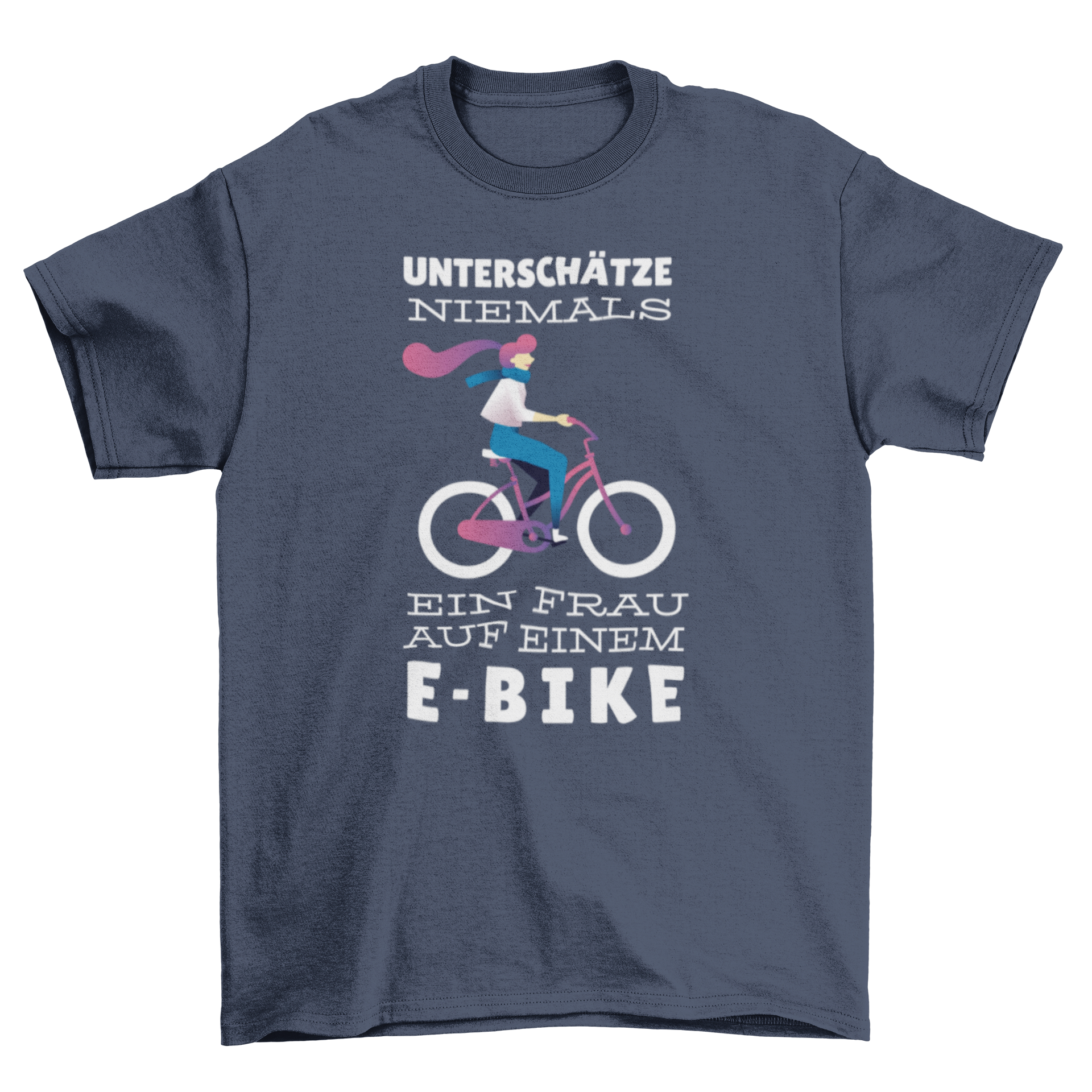 A stylish T-shirt featuring a woman riding an e-bike with a German quote about empowerment.