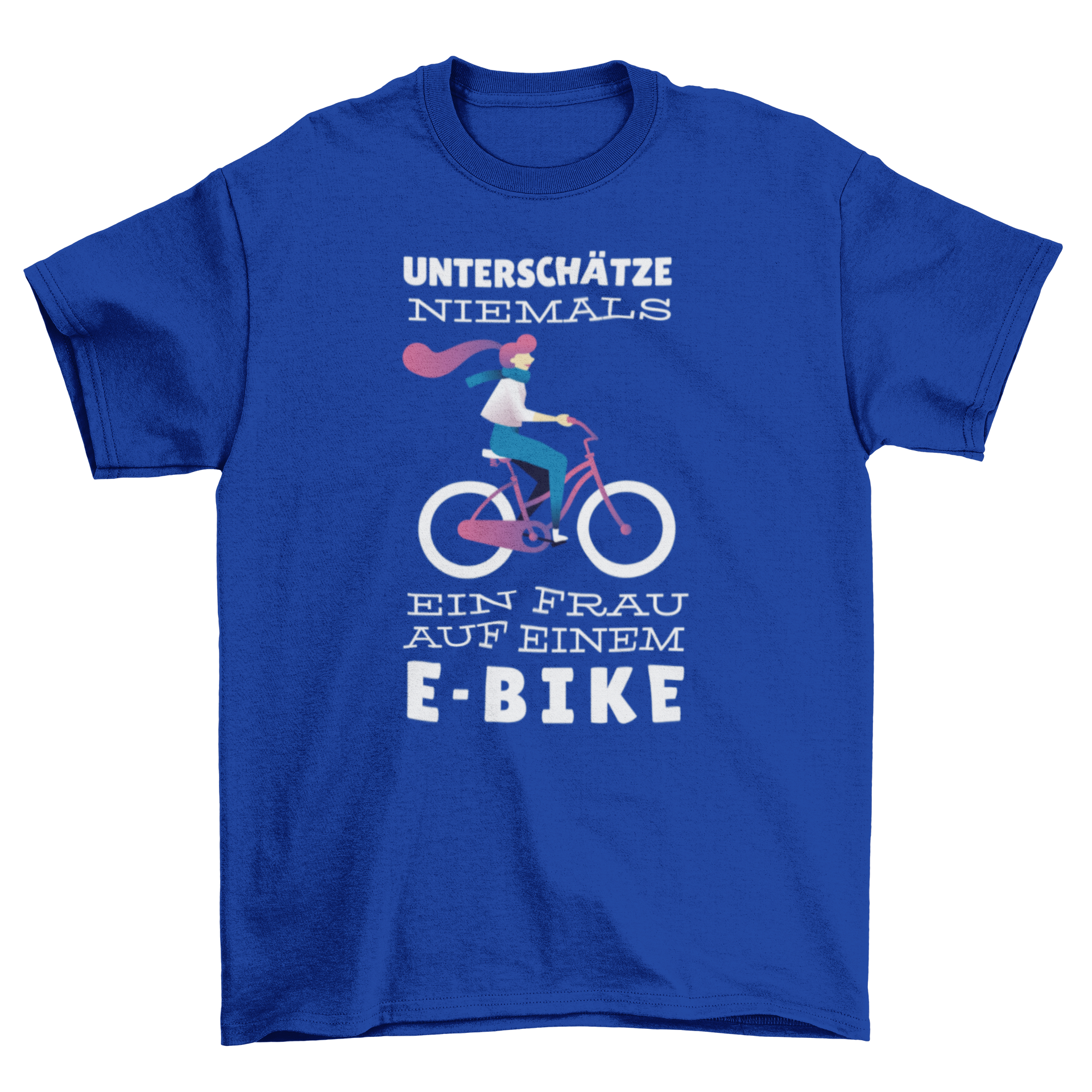 A stylish T-shirt featuring a woman riding an e-bike with a German quote about empowerment.