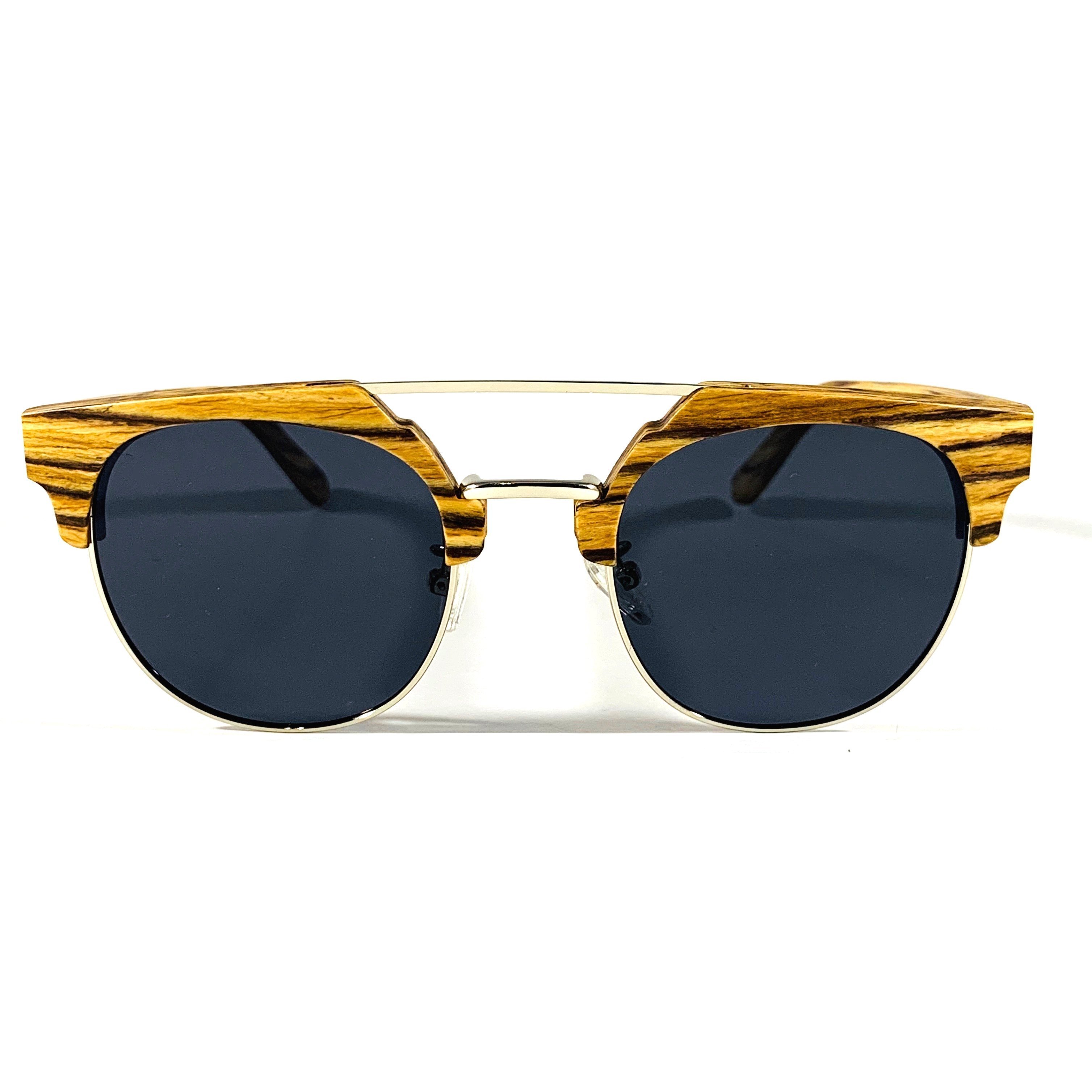 Edgewood sunglasses featuring a Zebrawood frame and gray polarized lenses, showcasing unique dark streaks.