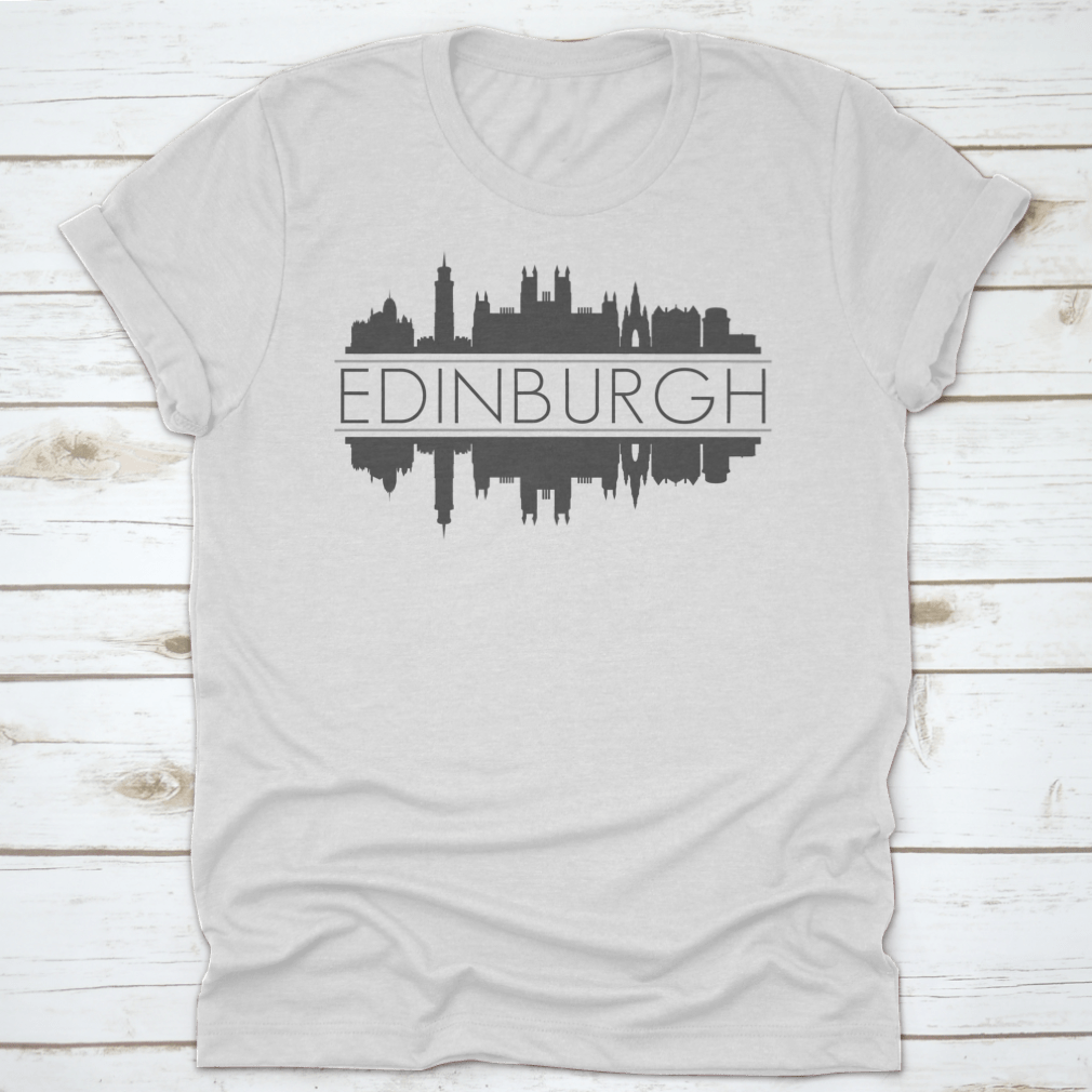 A detailed vector art silhouette of the Edinburgh skyline, showcasing iconic buildings and structures against a minimalist background.