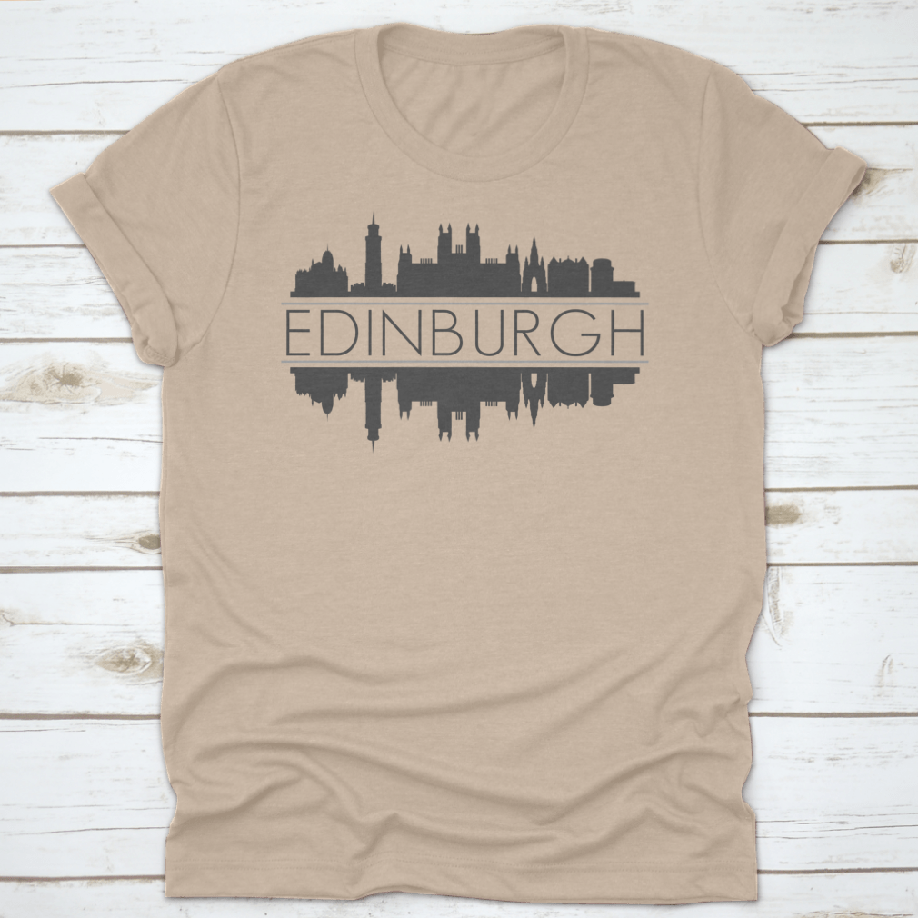 A detailed vector art silhouette of the Edinburgh skyline, showcasing iconic buildings and structures against a minimalist background.