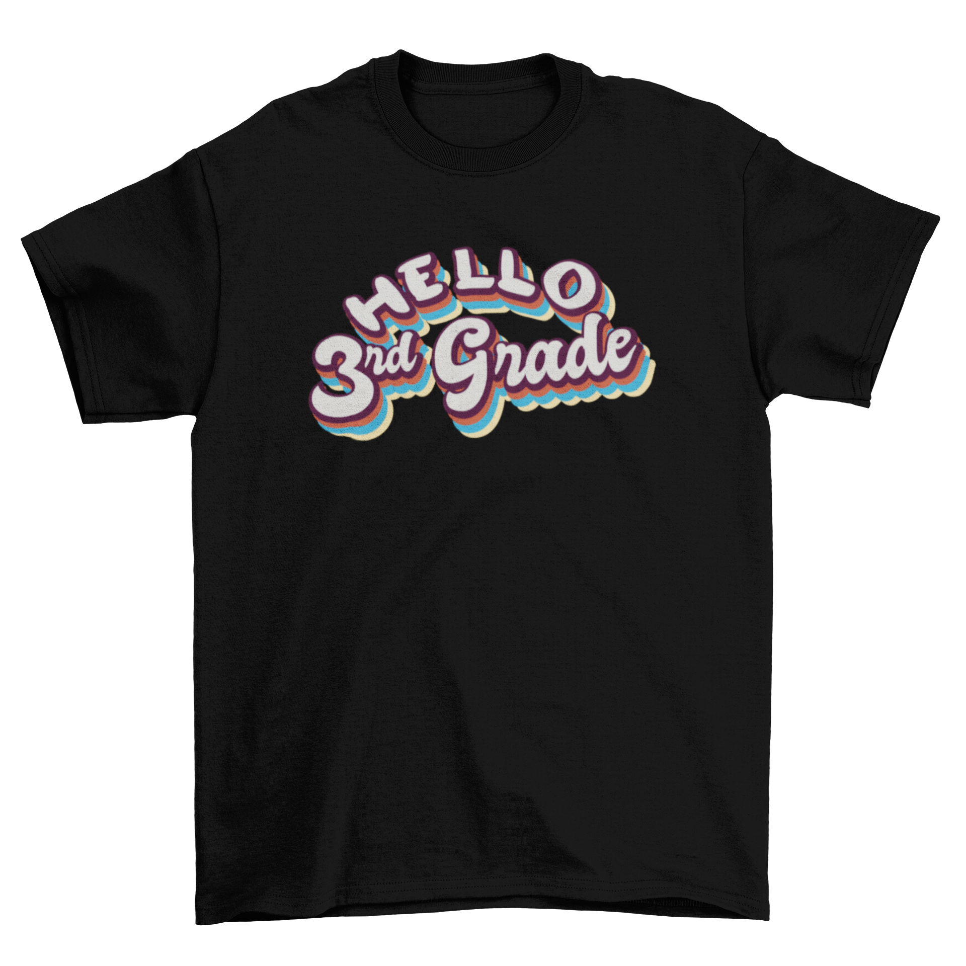 A vibrant t-shirt featuring the retro quote 'Hello 3rd grade' designed for children.