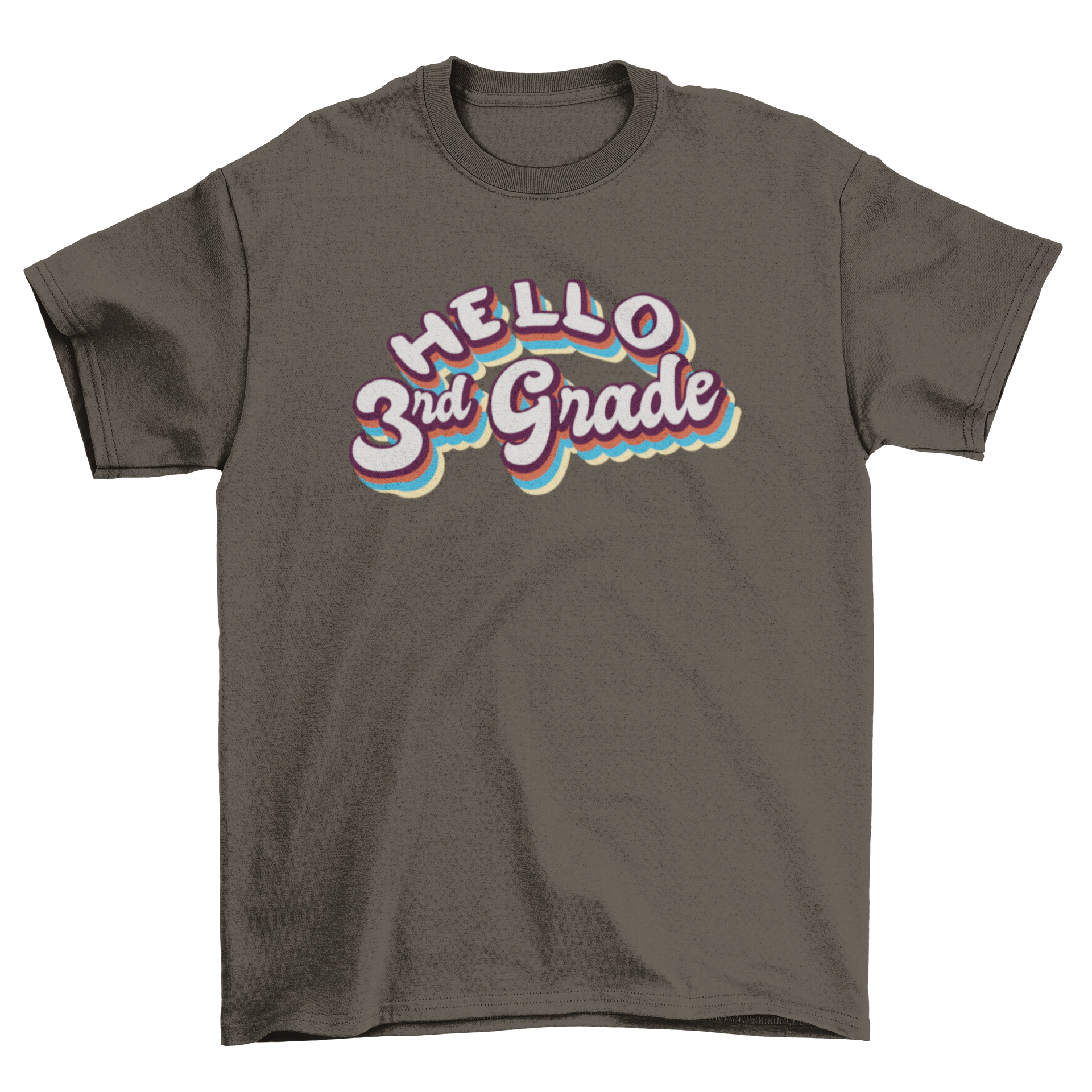 A vibrant t-shirt featuring the retro quote 'Hello 3rd grade' designed for children.