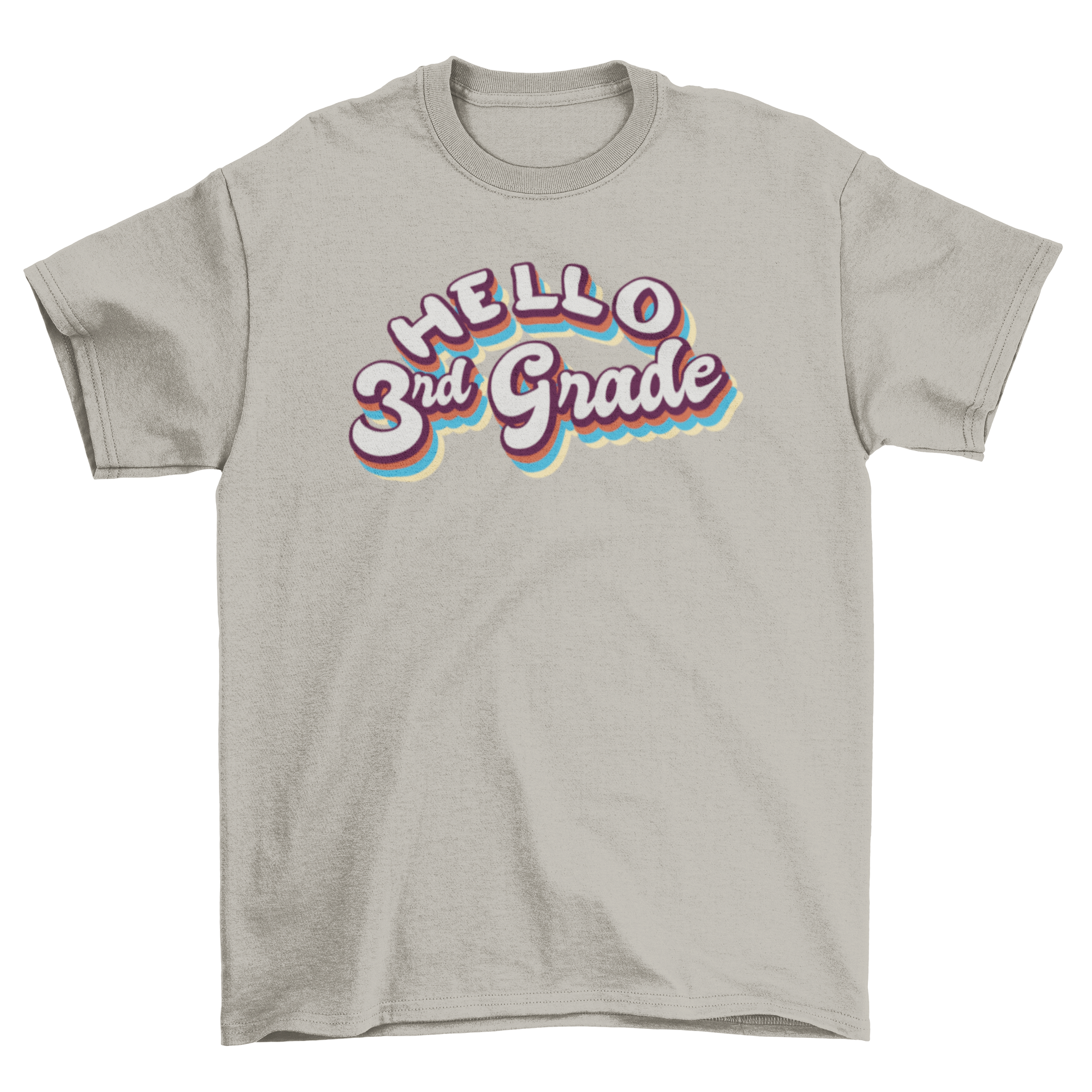 A vibrant t-shirt featuring the retro quote 'Hello 3rd grade' designed for children.