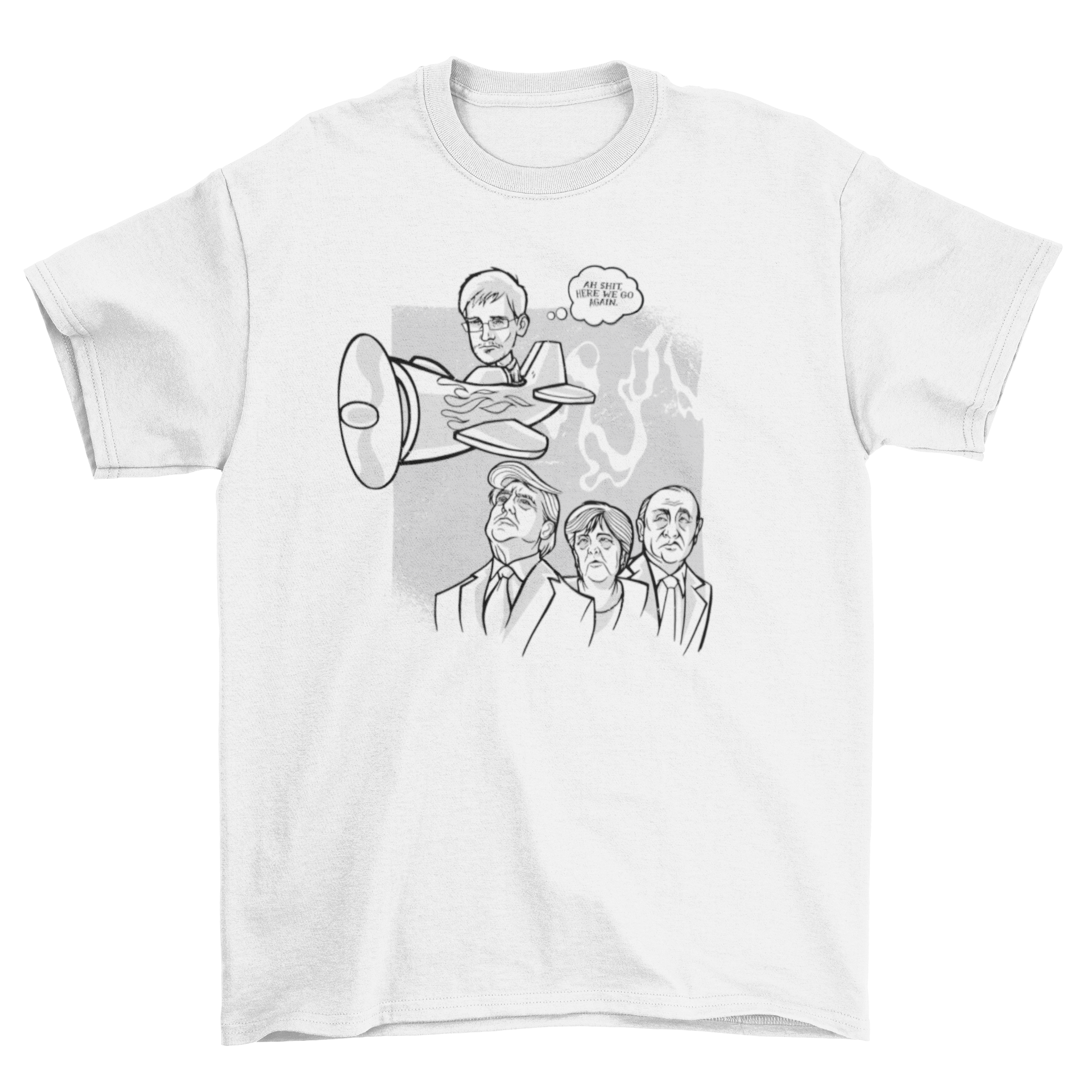 A stylish t-shirt featuring an illustration of Edward Snowden flying over three political leaders, symbolizing activism and freedom.