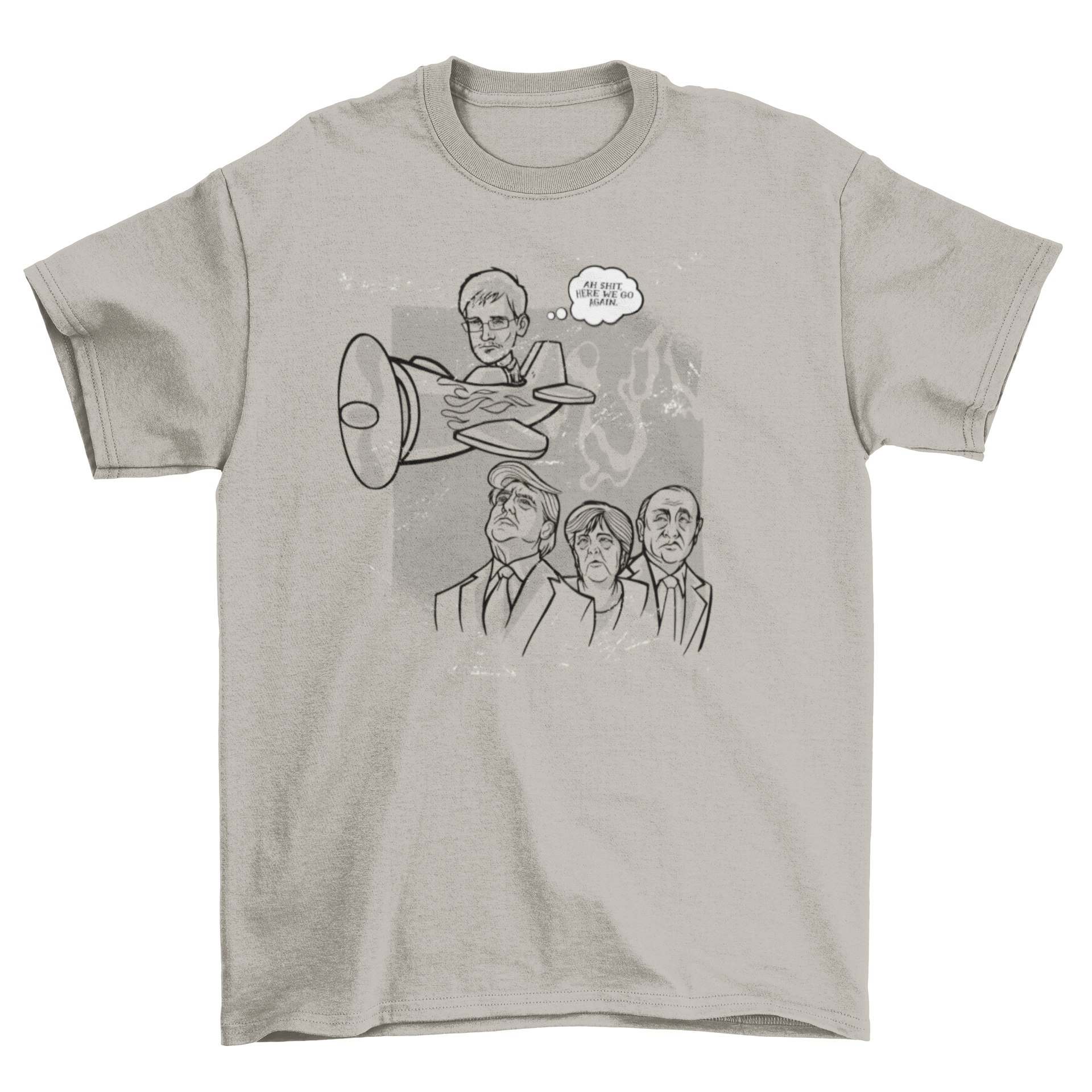 A stylish t-shirt featuring an illustration of Edward Snowden flying over three political leaders, symbolizing activism and freedom.