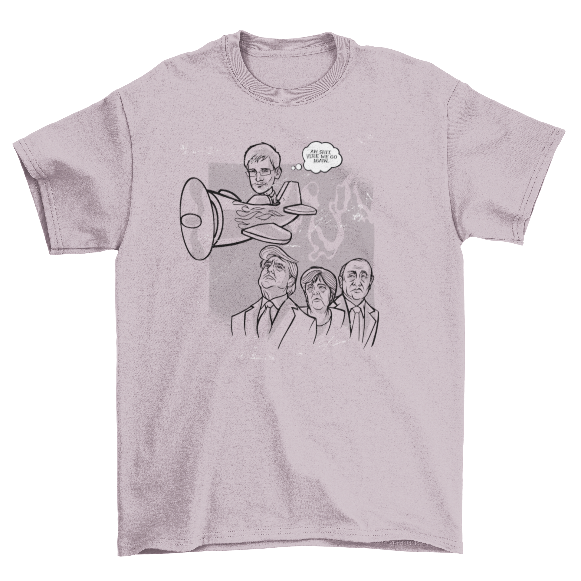 A stylish t-shirt featuring an illustration of Edward Snowden flying over three political leaders, symbolizing activism and freedom.