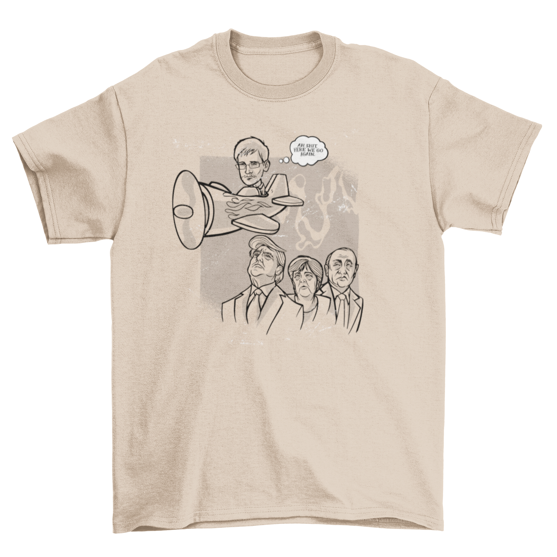 A stylish t-shirt featuring an illustration of Edward Snowden flying over three political leaders, symbolizing activism and freedom.