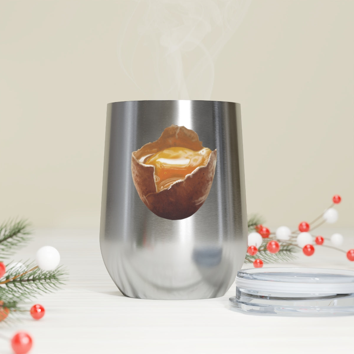 Egg 12oz insulated wine tumbler with clear lid, showcasing a stylish design suitable for hot and cold beverages.