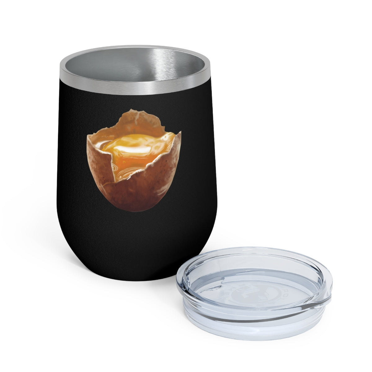 Egg 12oz insulated wine tumbler with clear lid, showcasing a stylish design suitable for hot and cold beverages.