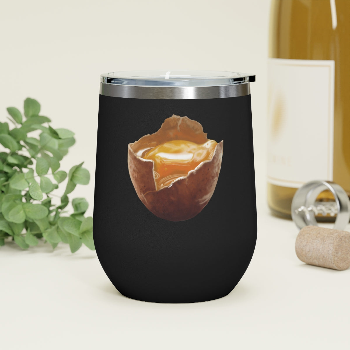 Egg 12oz insulated wine tumbler with clear lid, showcasing a stylish design suitable for hot and cold beverages.