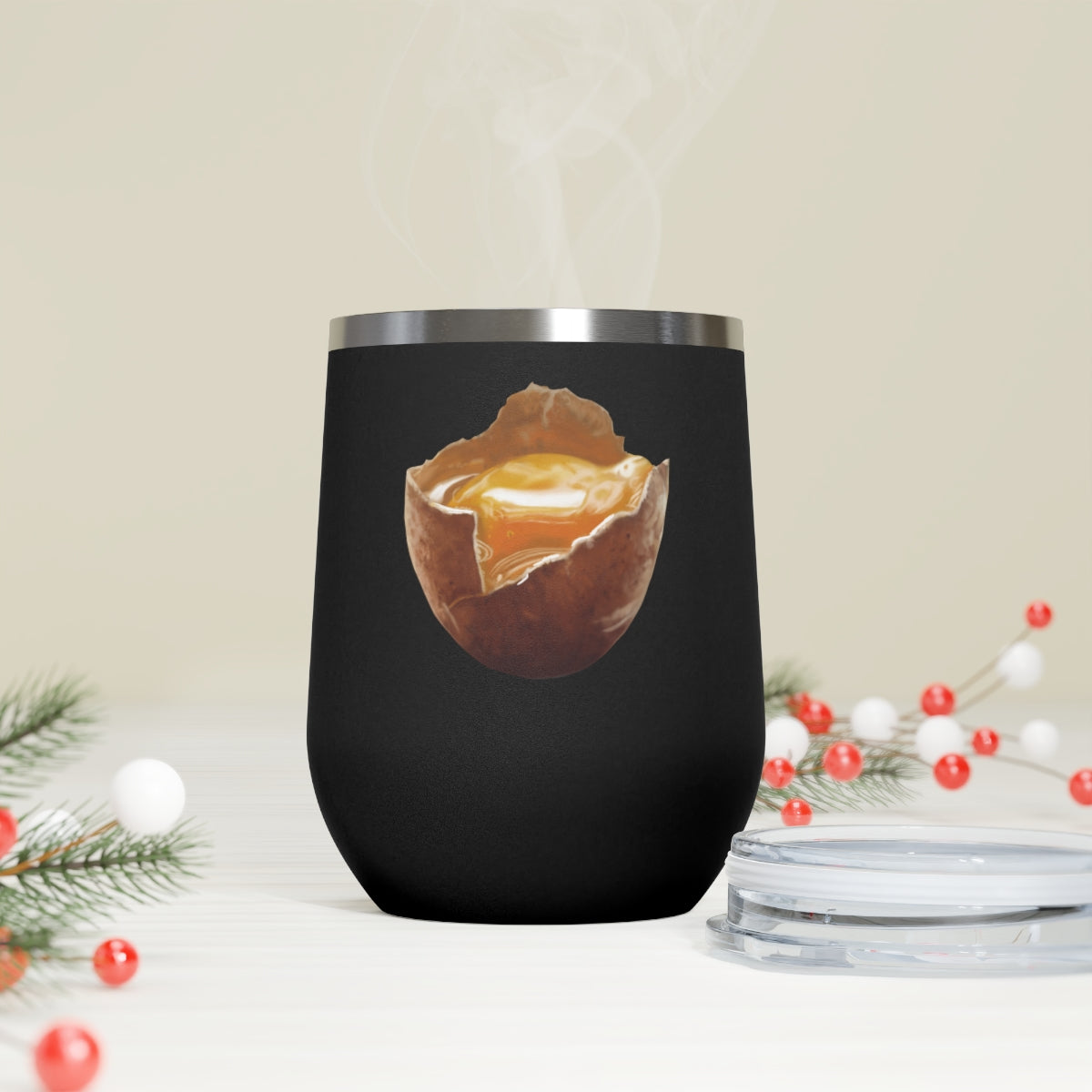 Egg 12oz insulated wine tumbler with clear lid, showcasing a stylish design suitable for hot and cold beverages.