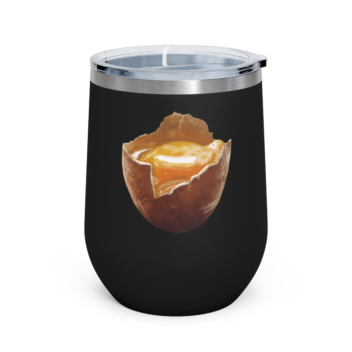 Egg 12oz insulated wine tumbler with clear lid, showcasing a stylish design suitable for hot and cold beverages.