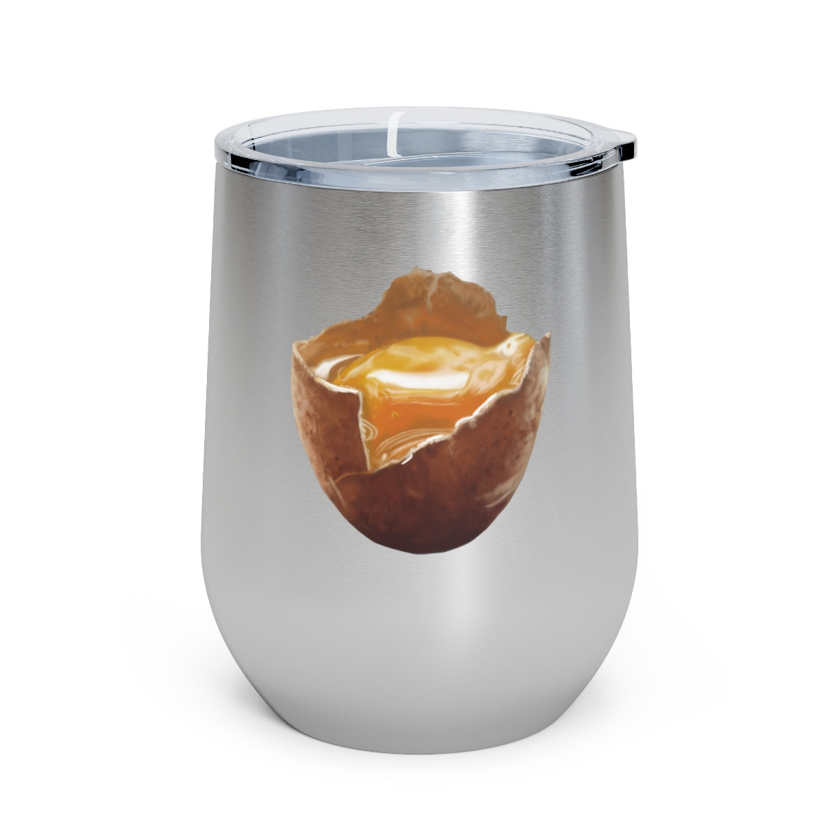 Egg 12oz insulated wine tumbler with clear lid, showcasing a stylish design suitable for hot and cold beverages.