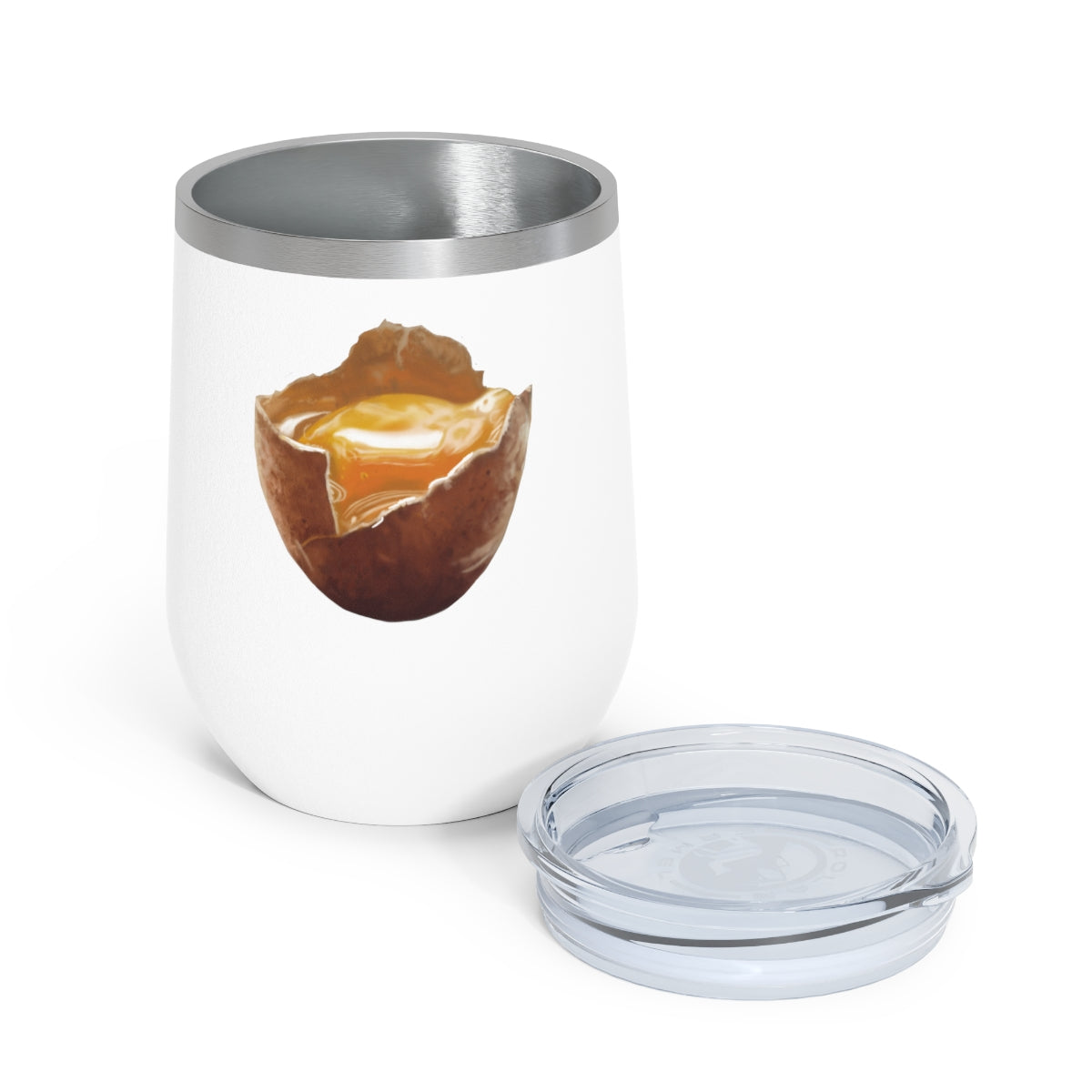 Egg 12oz insulated wine tumbler with clear lid, showcasing a stylish design suitable for hot and cold beverages.