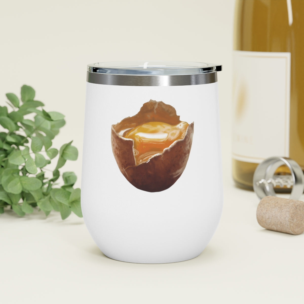 Egg 12oz insulated wine tumbler with clear lid, showcasing a stylish design suitable for hot and cold beverages.