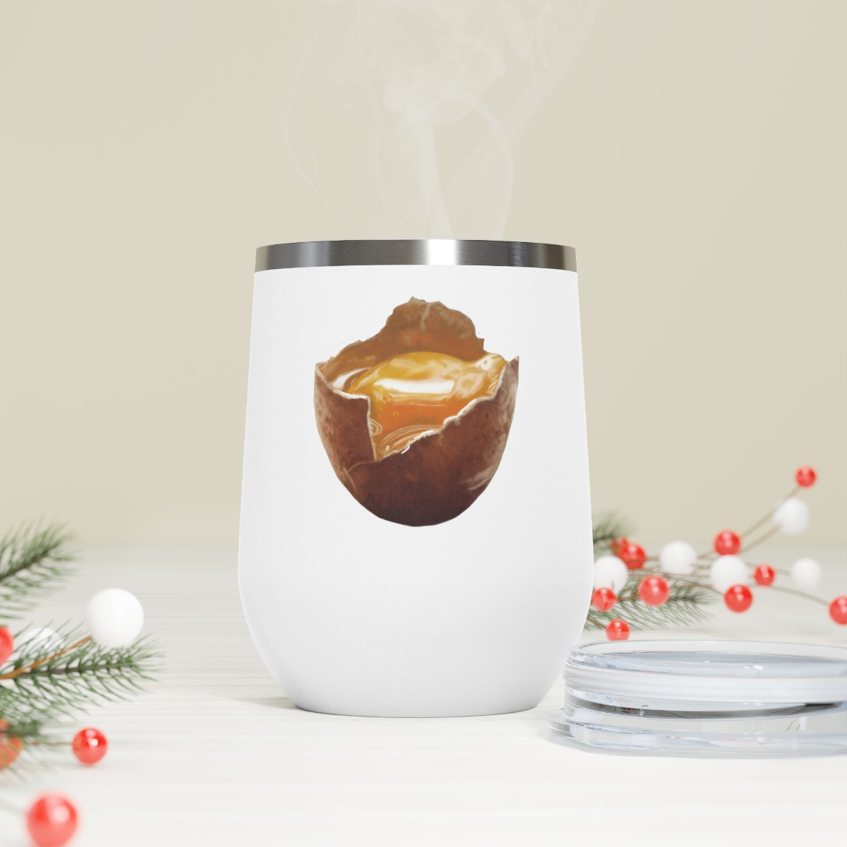 Egg 12oz insulated wine tumbler with clear lid, showcasing a stylish design suitable for hot and cold beverages.