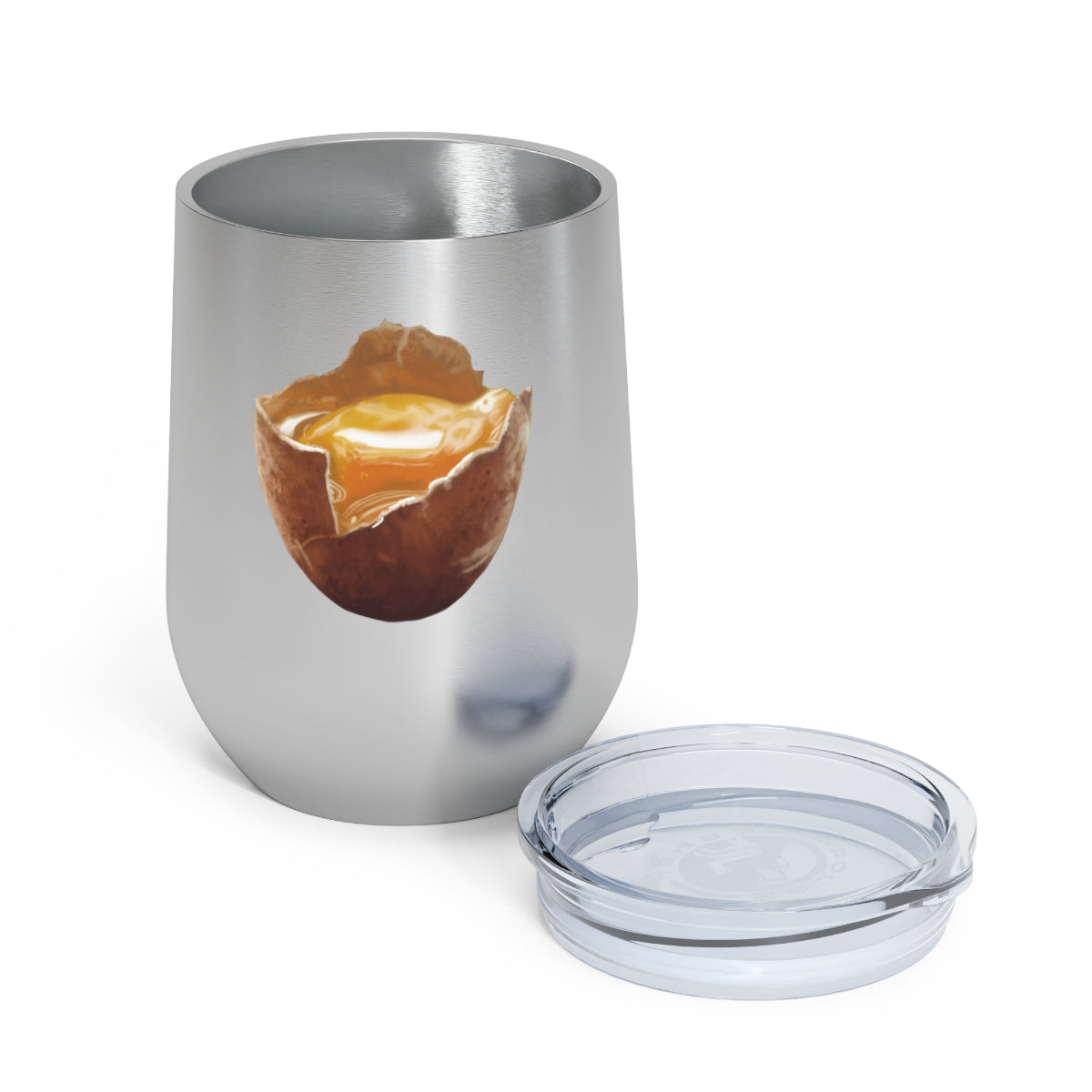 Egg 12oz insulated wine tumbler with clear lid, showcasing a stylish design suitable for hot and cold beverages.