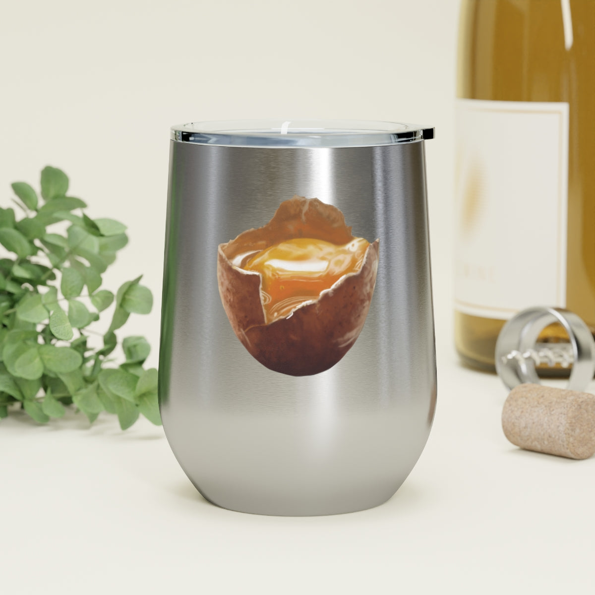 Egg 12oz insulated wine tumbler with clear lid, showcasing a stylish design suitable for hot and cold beverages.