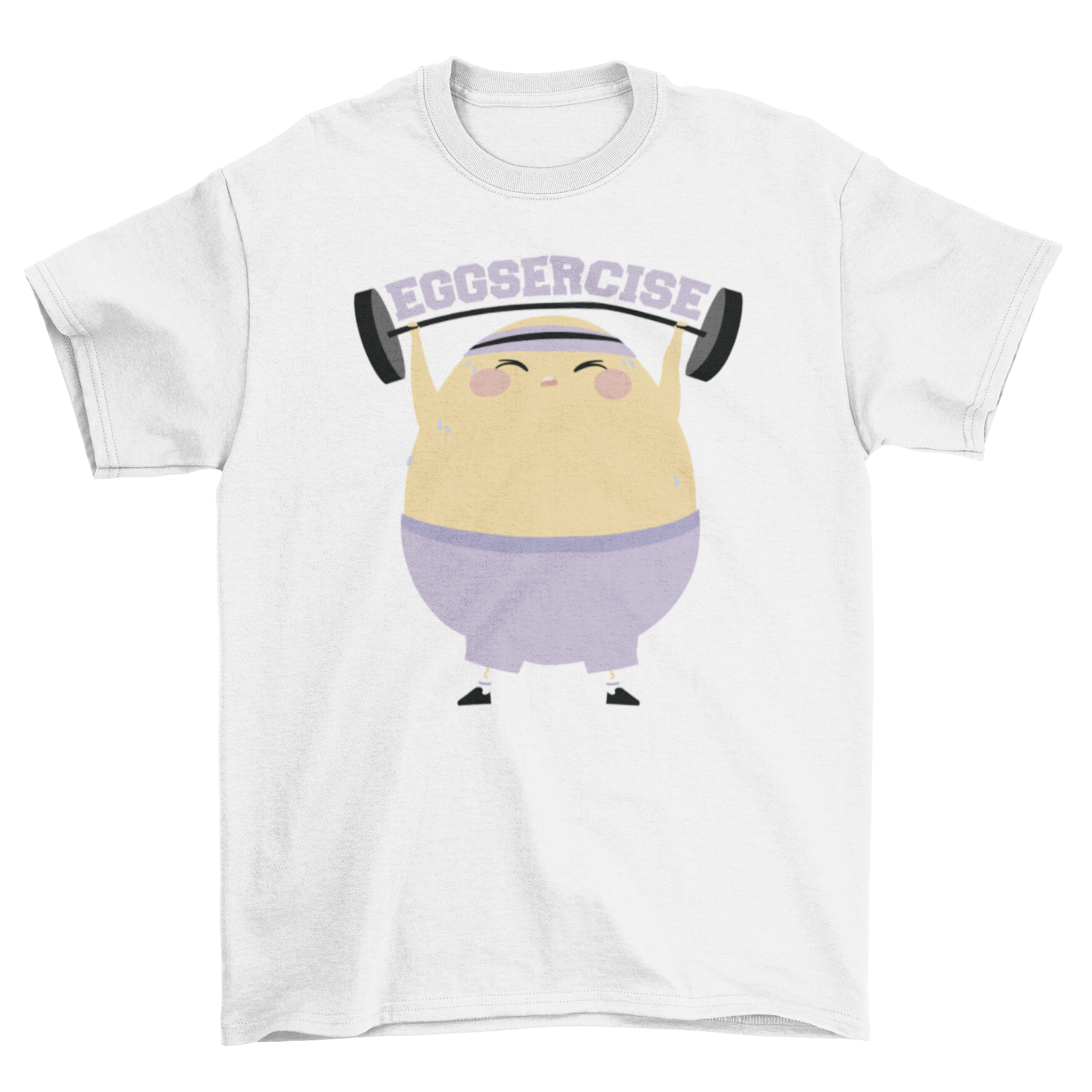 A playful t-shirt featuring a cartoon egg character lifting weights with the quote 'Eggsercise'.