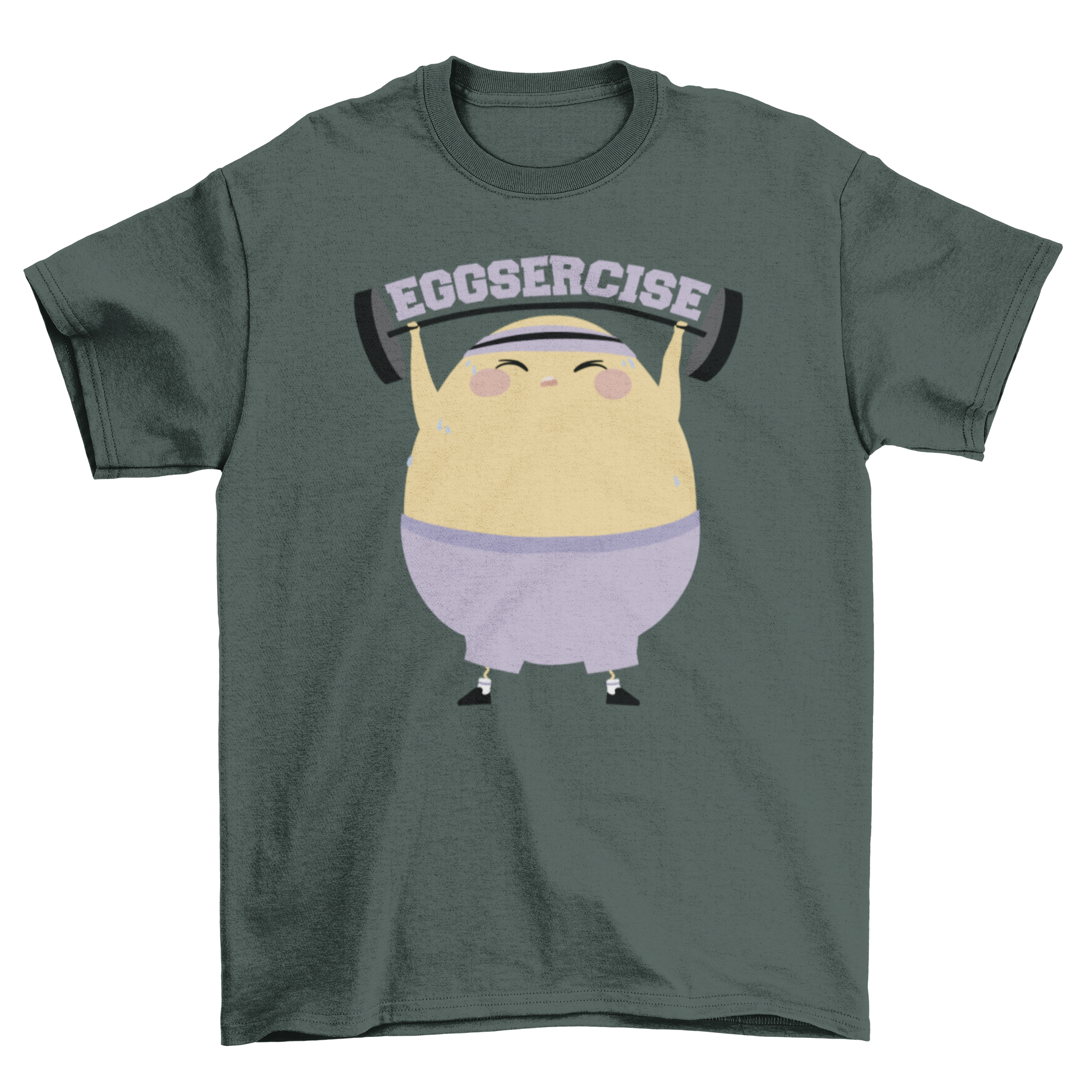 A playful t-shirt featuring a cartoon egg character lifting weights with the quote 'Eggsercise'.