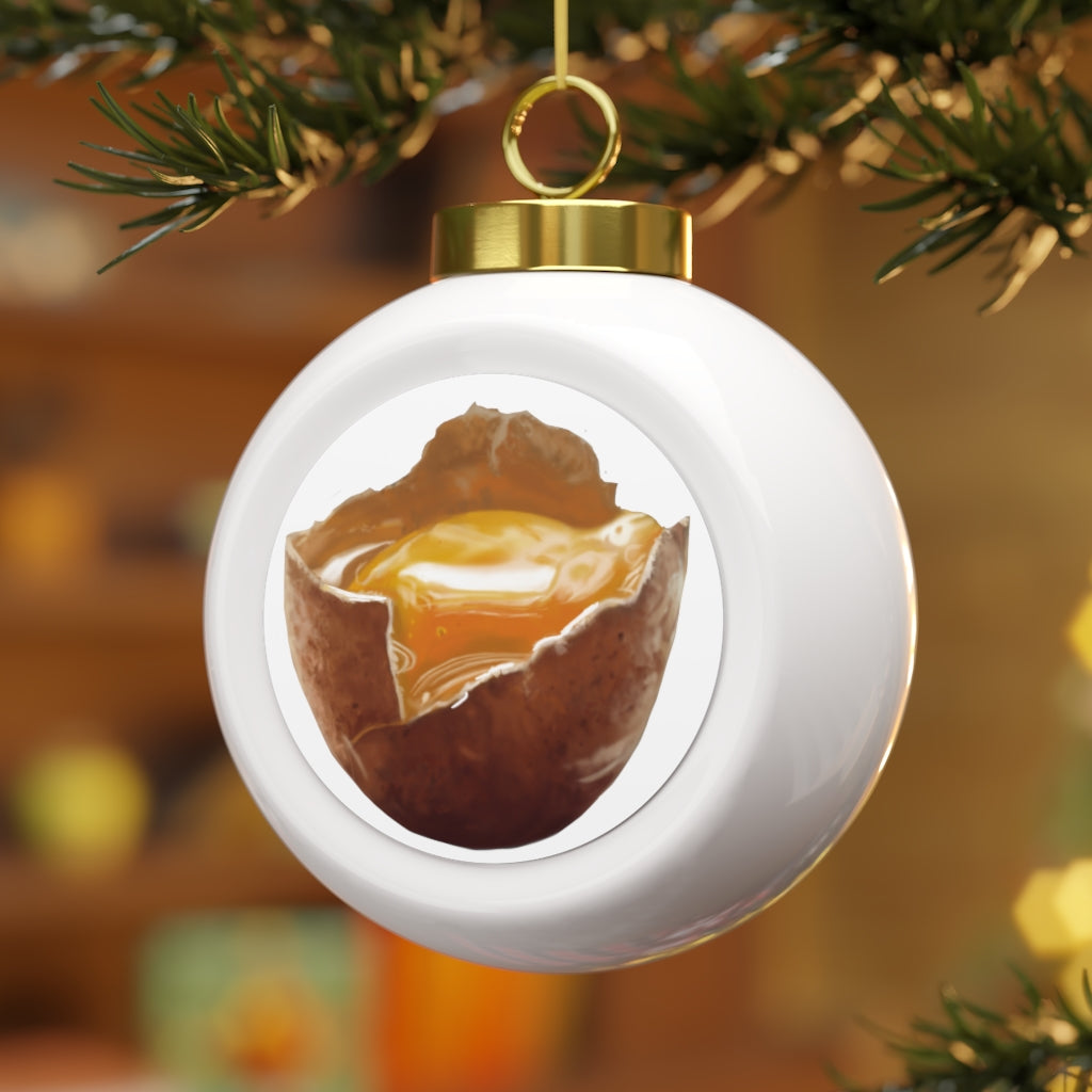 A beautifully crafted Egg Christmas Ball Ornament with a glossy finish, featuring a gold ribbon for hanging and a vintage design.