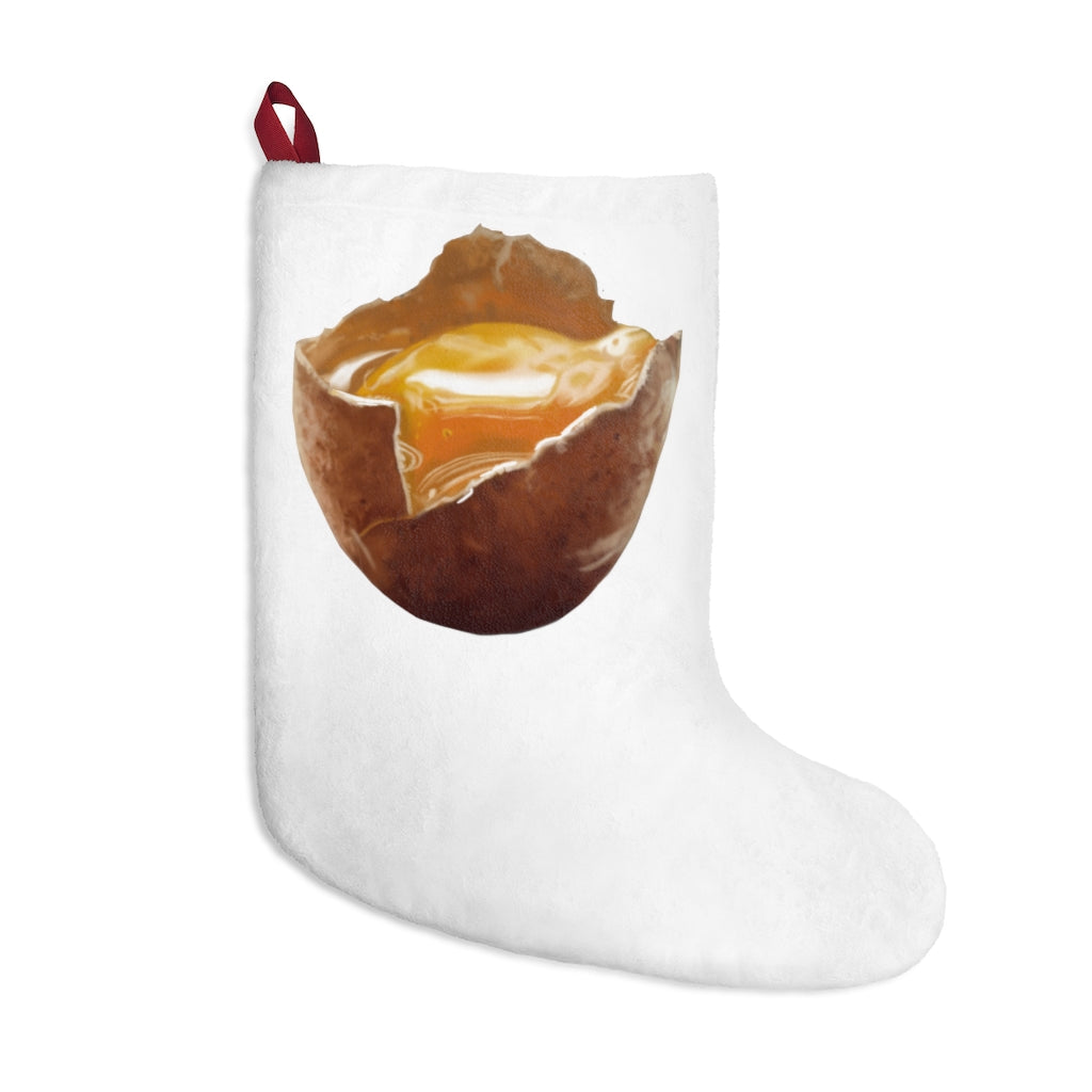 Personalized Egg Christmas Stockings hanging by a fireplace, featuring festive designs and a twill ribbon loop.