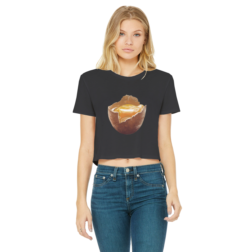 Egg Classic Women's Cropped Raw Edge T-Shirt featuring a round neck, short sleeves, and a stylish raw edge cut hem in various colors.