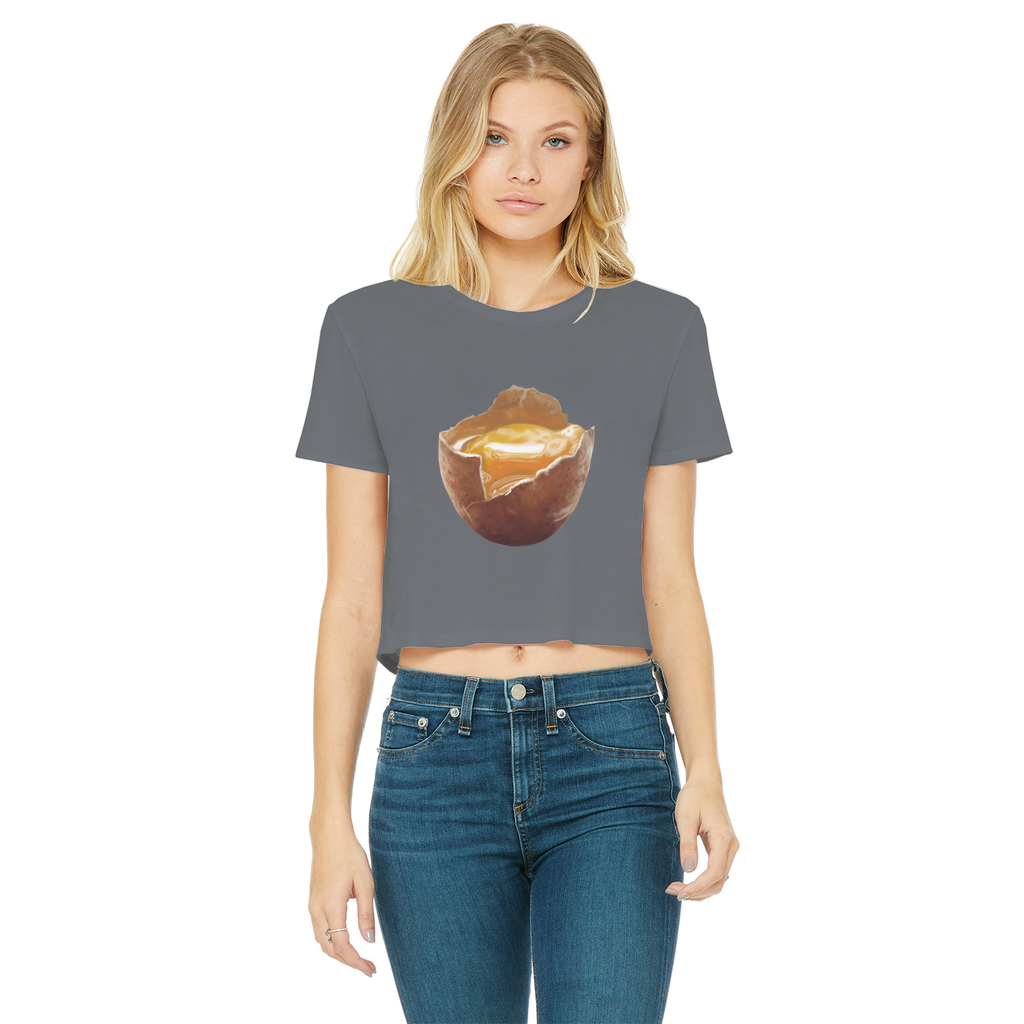 Egg Classic Women's Cropped Raw Edge T-Shirt featuring a round neck, short sleeves, and a stylish raw edge cut hem in various colors.