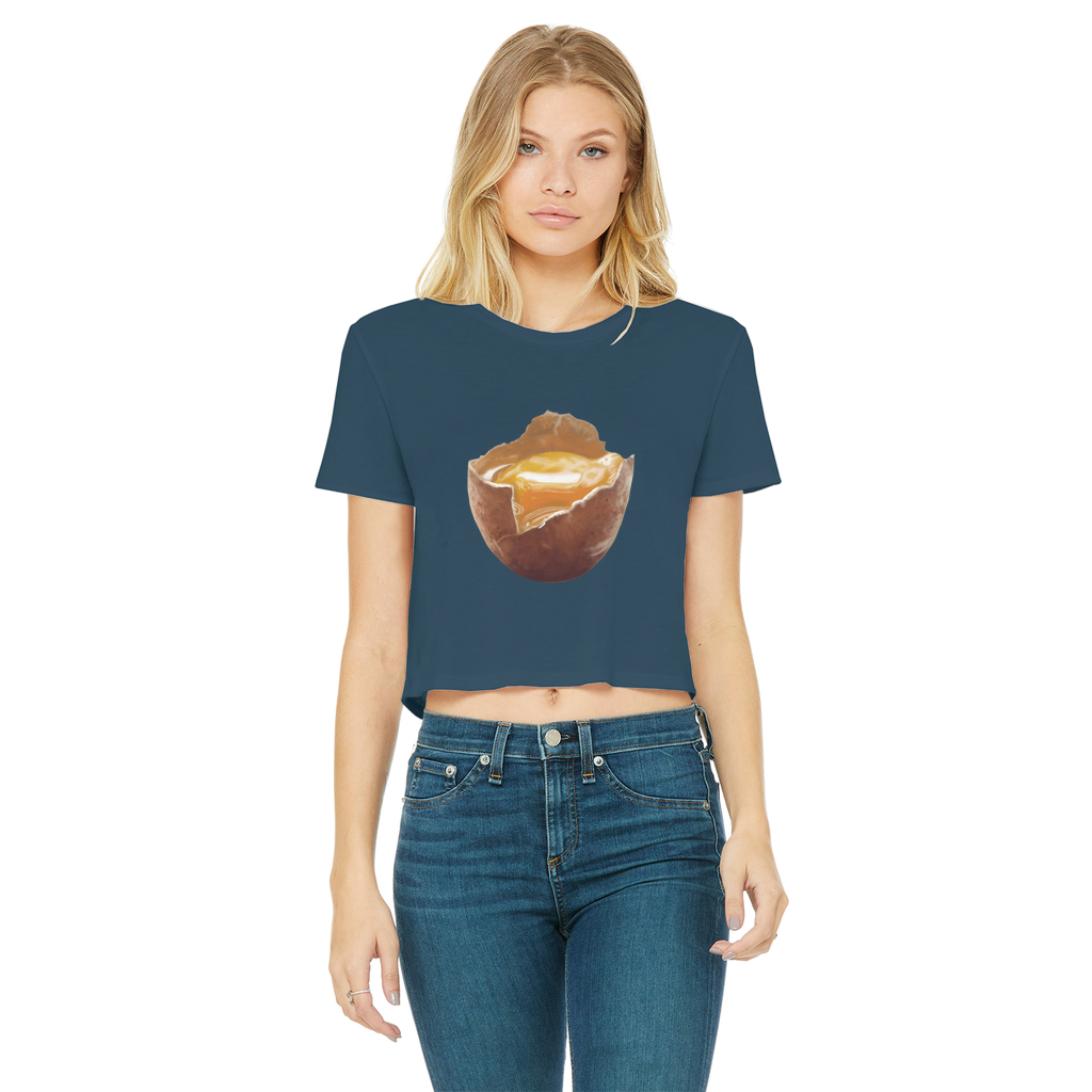 Egg Classic Women's Cropped Raw Edge T-Shirt featuring a round neck, short sleeves, and a stylish raw edge cut hem in various colors.